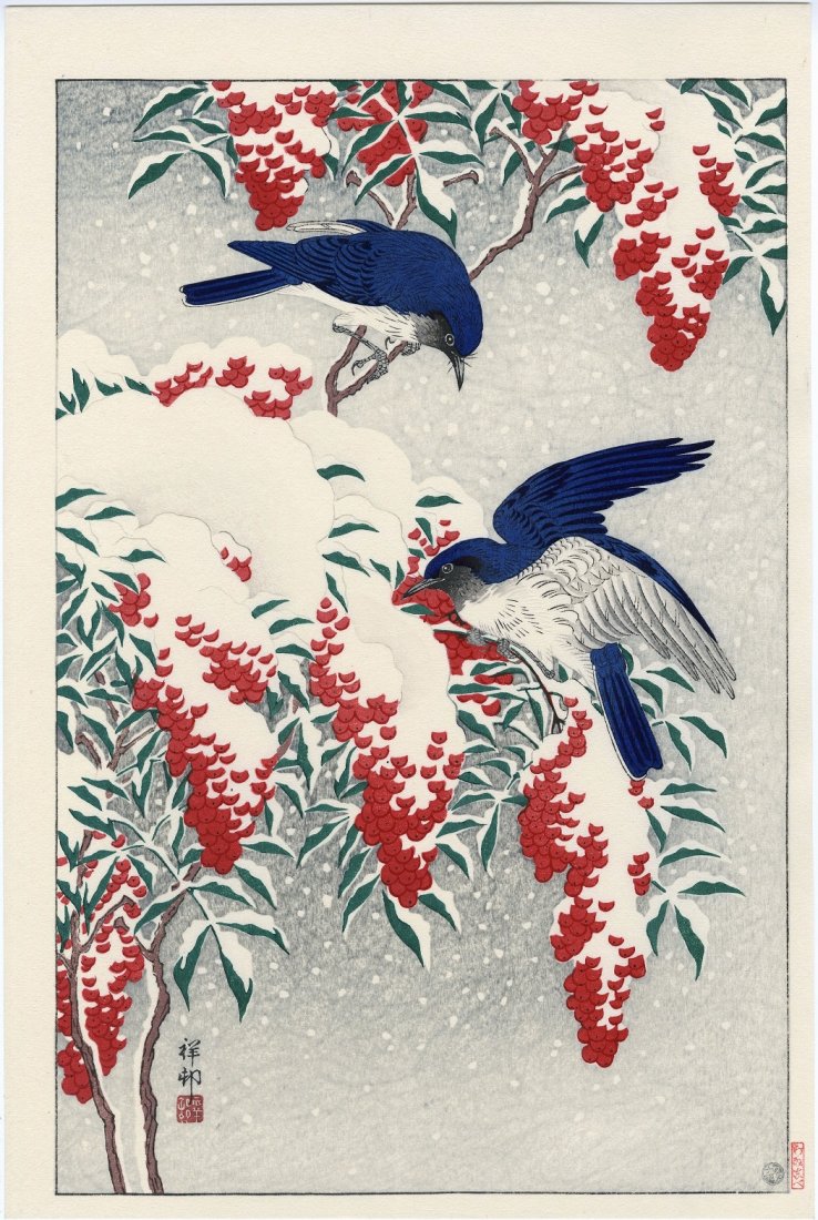 Koson Ohara - Blue Flycatchers with Nandina in Snow Woodblock: Japanese Woodblock Print, 1930s, this is a later Showa era edition published by Watanabe from the original woodblocks SIZE IN INCHES: shikishi, approx. 15.5 x 10.75 inches OHARA KOSON (1877-1945), who