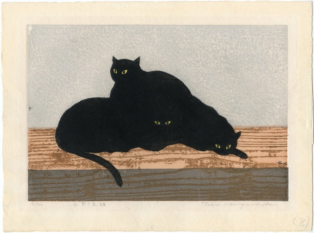 Tokio Miyashita - Three Black Cats Woodblock NR (1 of 2)