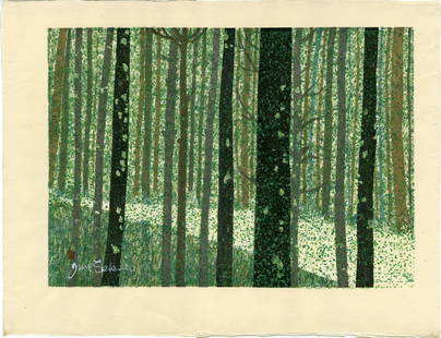 Sekino Junichiro - Tsuchiyama Forest 1969 WoodblockNR: Japanese Woodblock Print, 1969, carved and printed, ink signed in the image SIZE IN INCHES: 16.7 x 21.6 inches JUNICHIRO SEKINO (1914-1988) was born in Aomori city (northern Honshu). in his