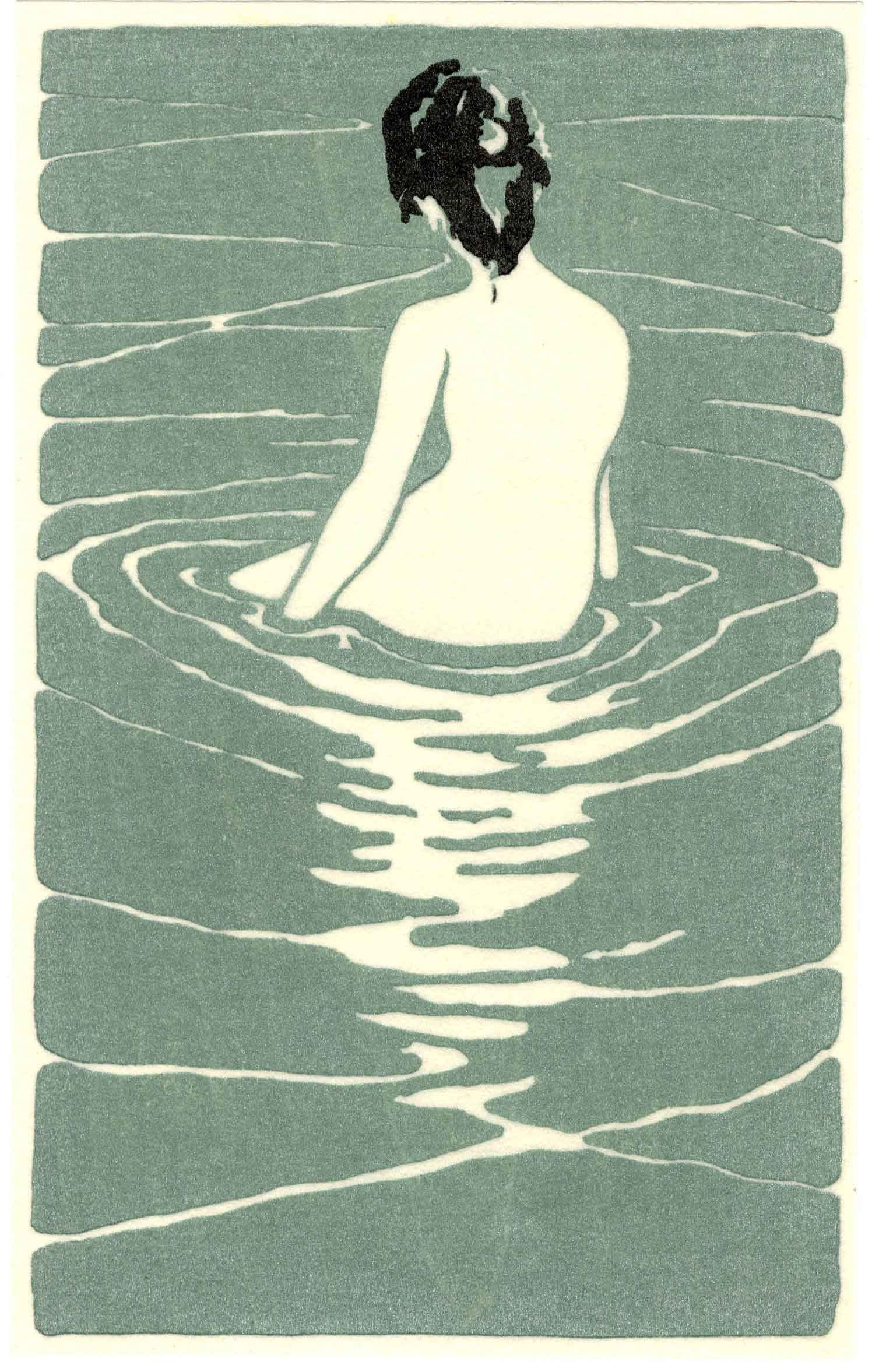 Ichijo Narumi: At the Hot Spring Woodblock: Japanese Woodblock Print, originally published c. 1906, this Reiwa era edition printed from recarved blocks SIZE IN INCHES: 3.75 x 5.758 inches COMMENTS: This design was originally released as part of