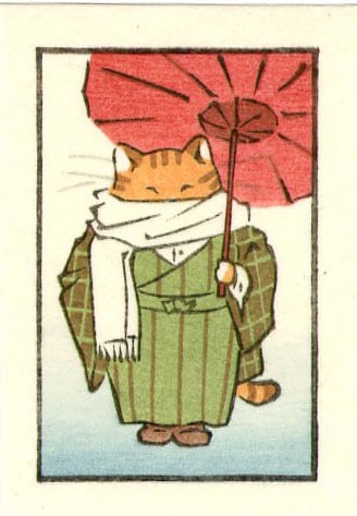 Jed Henry: Fox & Cat Dressed Warm Woodblock: Japanese Woodblock Print, 2022, from the series Embrace the Delight SIZE IN INCHES: 1.5 x 2.5 inches COMMENTS: During the early 20th century matchbook prints were popular collectibles in Japan.