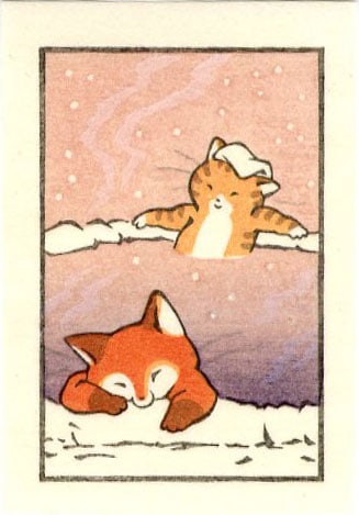 Jed Henry: Fox & Cat Relaxing Hot Spring Woodblock (1 of 2)