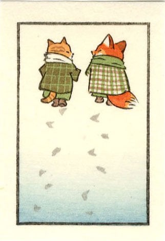 Jed Henry: Fox & Cat Walking in Snow Woodblock (1 of 2)