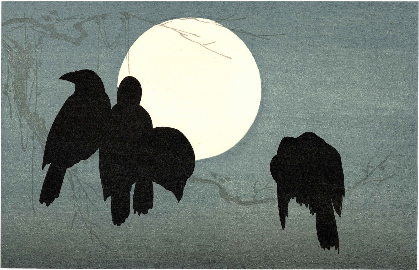 Korin Ogata: Crows and Full Moon Woodblock: Japanese Woodblock Print, 2001 from recarved woodblocks SIZE IN INCHES: 8.75 x 5.75 inches OGATA KORIN was an Edo era painter after whom the Rinpa school/style ("School of [Ko]rin") takes its name. He