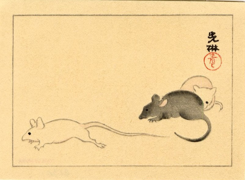 Korin Ogata: Three Mice Woodblock: Japanese Woodblock Print, 1920s published by Nishinomiya SIZE IN INCHES: approx. 4 x 3 inches PROVENANCE: from the estate of Robert O. Muller OGATA KORIN was an Edo era painter after whom the Rinpa sc