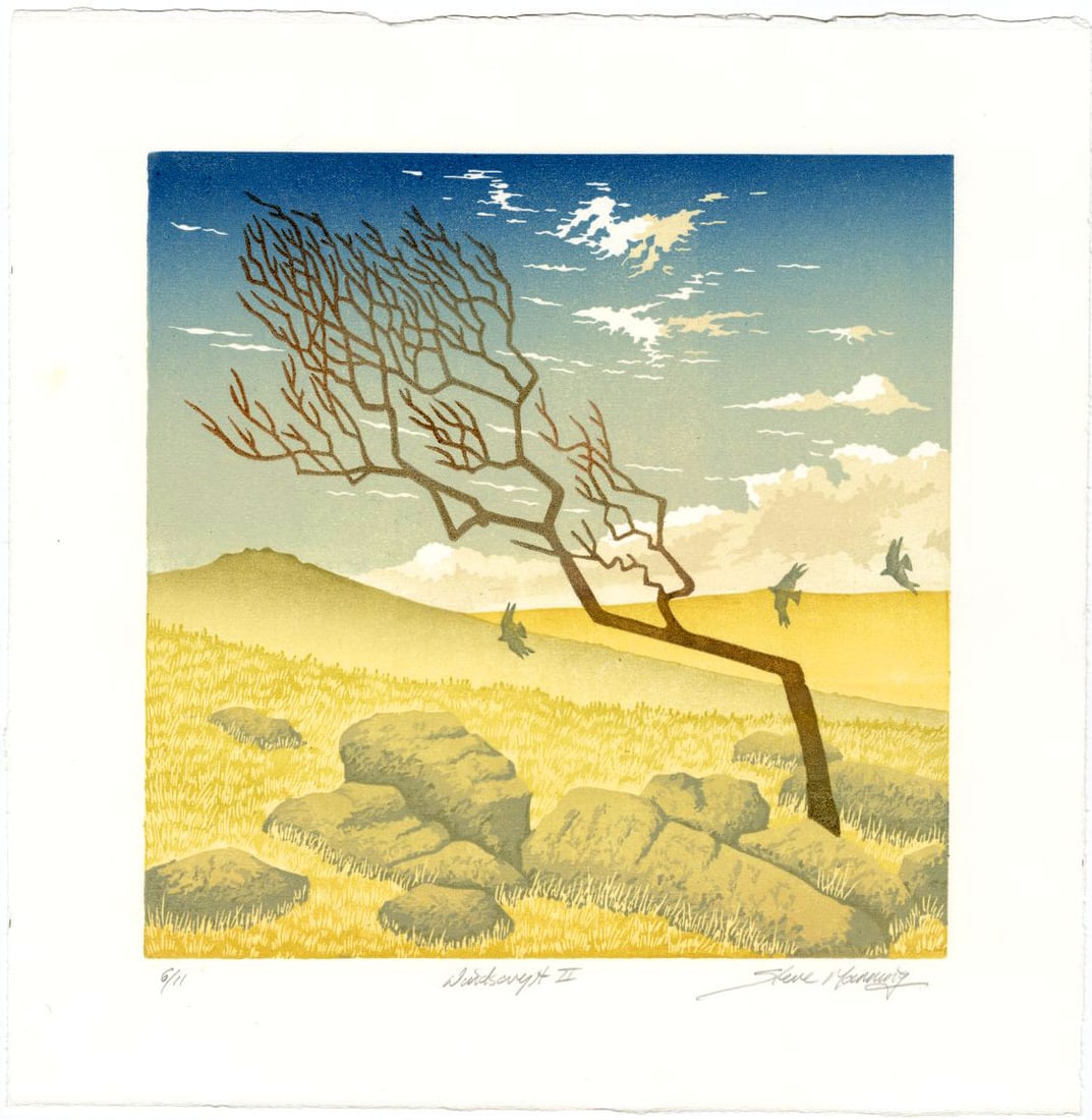 Steve Manning: Windswept II 2020 1st Ed. Woodblock NR: Reduction Woodblock Print, self published c.2020, pencil signed, titled and numbered 8/11 SIZE IN INCHES: 11 x 11.25inches WHAT IS A REDUCTION WOODBLOCK PRINT? Reduction woodblock printing is a techni