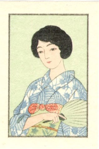 Shinsui Ito: Fanning Herself Woodblock: Japanese Woodblock Print, 2022, from the series Embrace the Delight SIZE IN INCHES: 1.5 x 2.5 inches COMMENTS: During the early 20th century matchbook prints were popular collectibles in Japan.