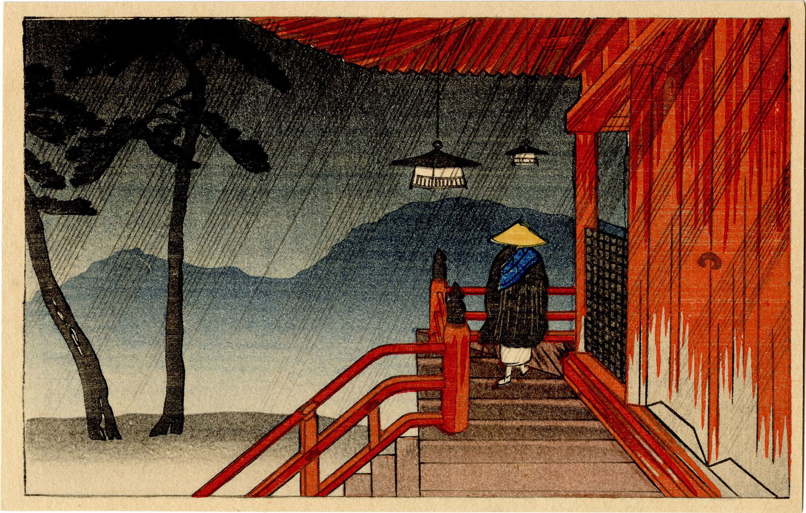 Shotei Takahashi: Red Temple in Rain Woodblock NR (1 of 2)