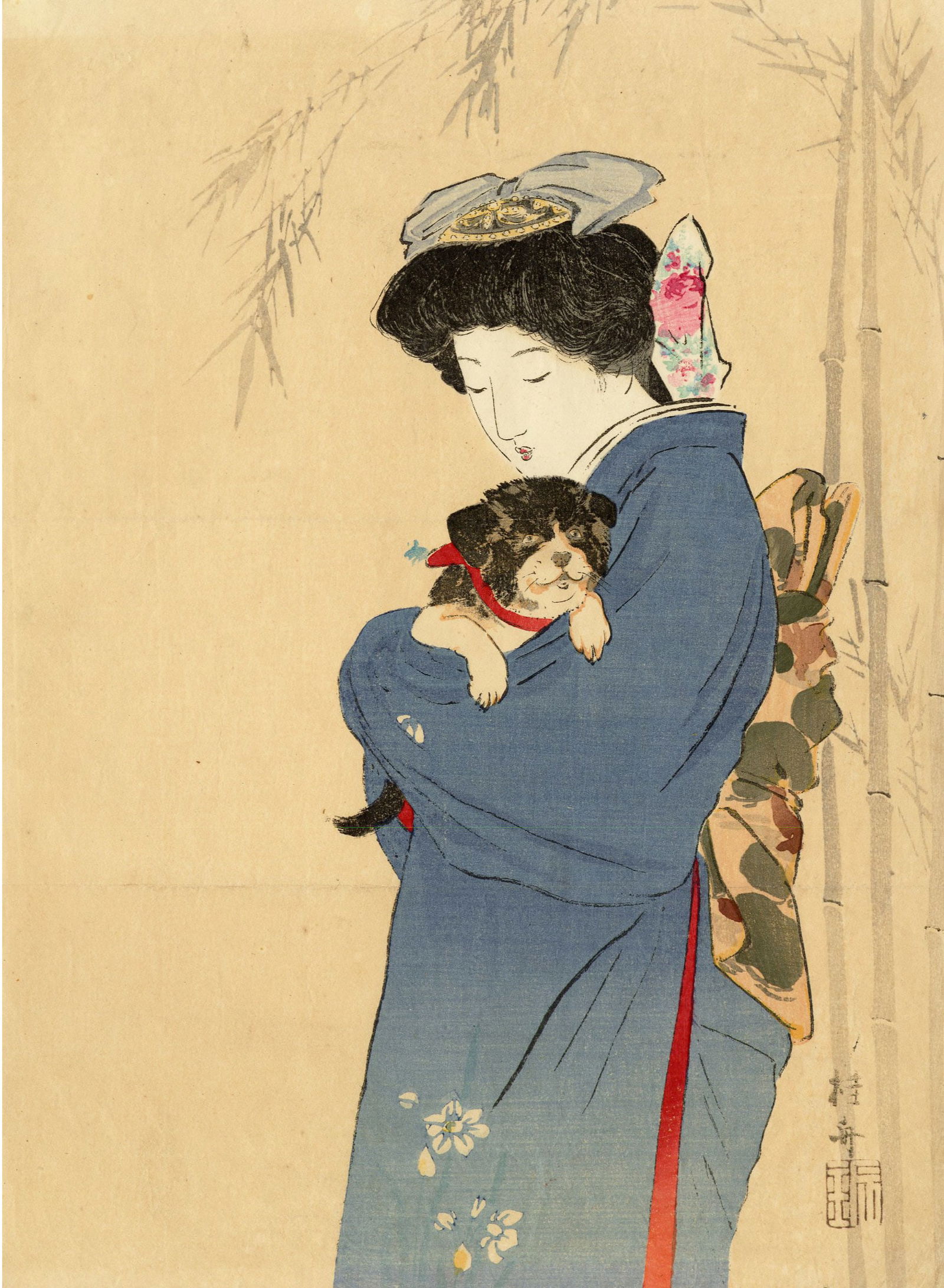 Takeuchi Keishu: Girl and Puppy 1910 Woodblock NR (1 of 2)