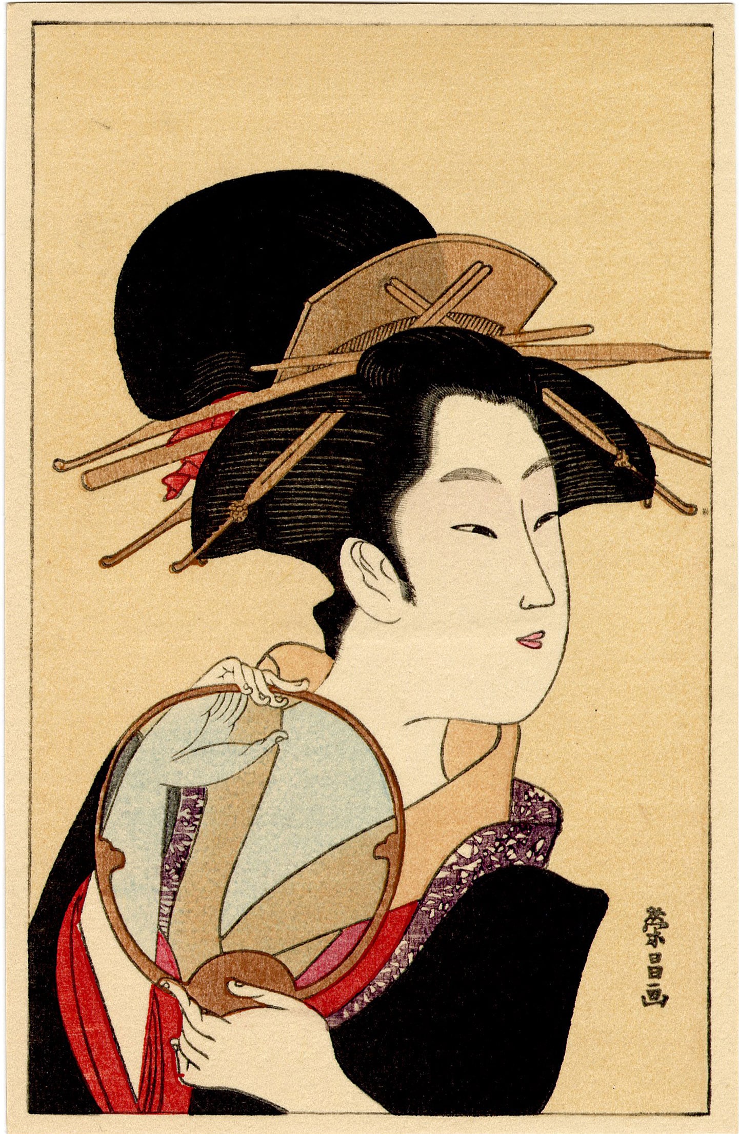 Utamaro Kitagawa: Woman with a Silk Fan Woodblock NR (1 of 2)