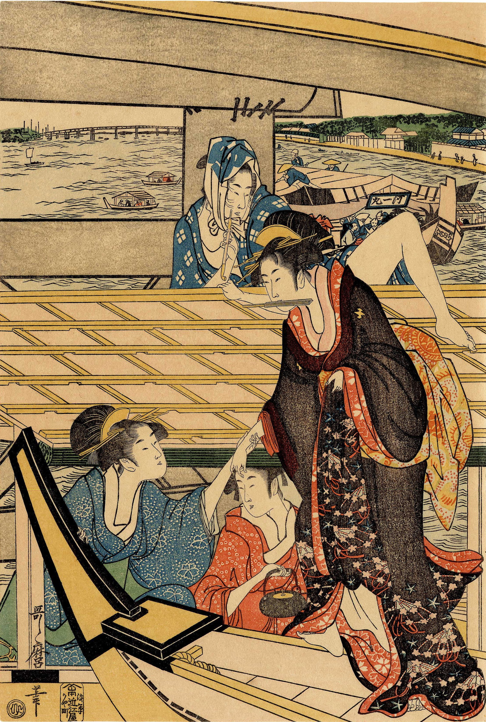 Utamaro Kitagawa: Changing Boats Woodblock NR: Japanese Woodblock Print, originally published 1835, this 1910s edition published by Hashiguchi Goyo, with Goyo seal in lower right corner. SIZE IN INCHES: chuban, 7.5 x 11 inches COMMENTS: In the 191