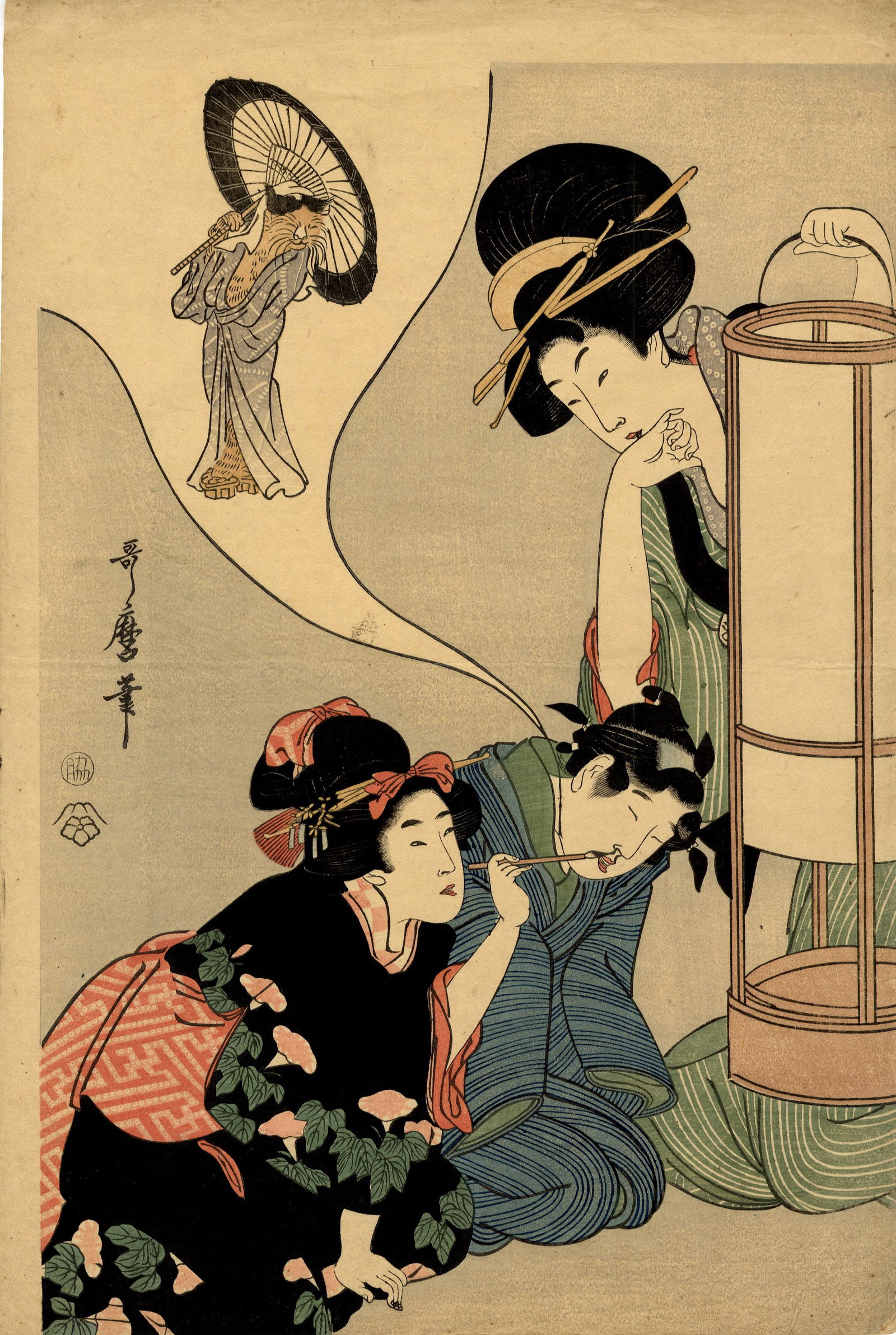 Utamaro Kitagawa: Cat Geisha Dream Woodblock NR: Japanese Woodblock Print, originally published c. 1800, this print is a late 19th century printing from recarved woodblocks SIZE IN INCHES: oban 10 x 15 inches KITAGAWA UTAMARO (1753-1806) was a Japan