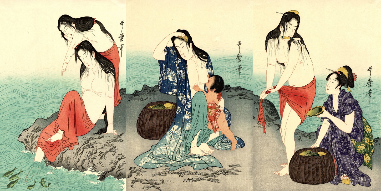 Utamao Kitagawa: Awabi Divers Woodblock Triptych: Japanese Woodblock Print, originally published 1797, full title is "Awabitori Abalone Divers", from the series "Women's Handiworks," this is a Showa era edition printed from recarved woodblocks SIZE I