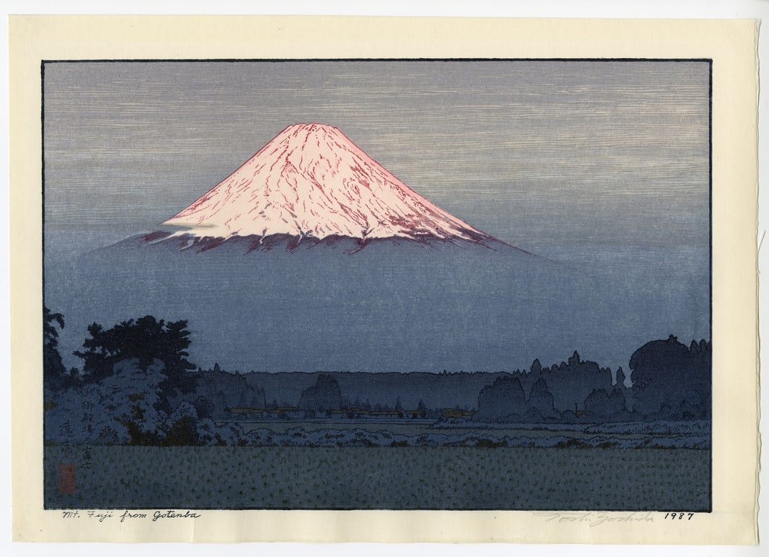 Toshi Yoshida - Fuji from Gotemba 1962 Woodblock NR: Japanese Woodblock Print, pencil signature edition, published by Yoshida Studio SIZE IN INCHES: 9.75 x 13.75 inches TOSHI YOSHIDA was the eldest son of Hiroshi Yoshida (1876-1950 who began teaching hi