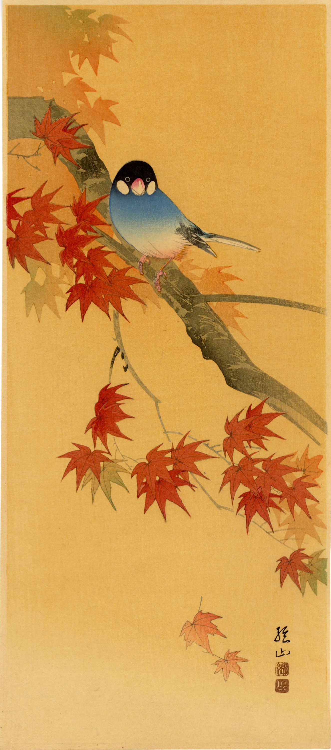 Sozan Ito: Java Sparrow on Maple 1925 Woodblock NR (1 of 2)