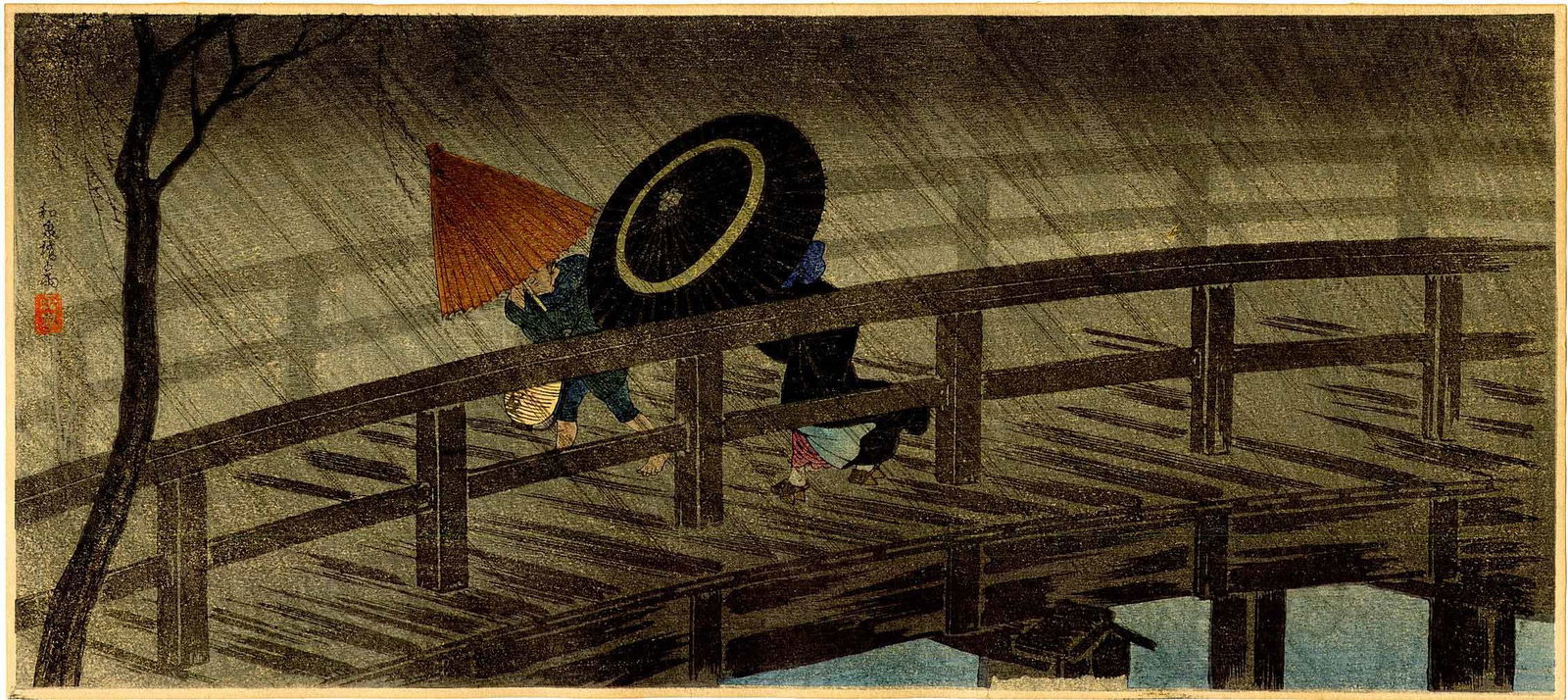 Shotei Takahashi: Night Shower at Izumi Bridge 1932 Woodblock NR (1 of 2)