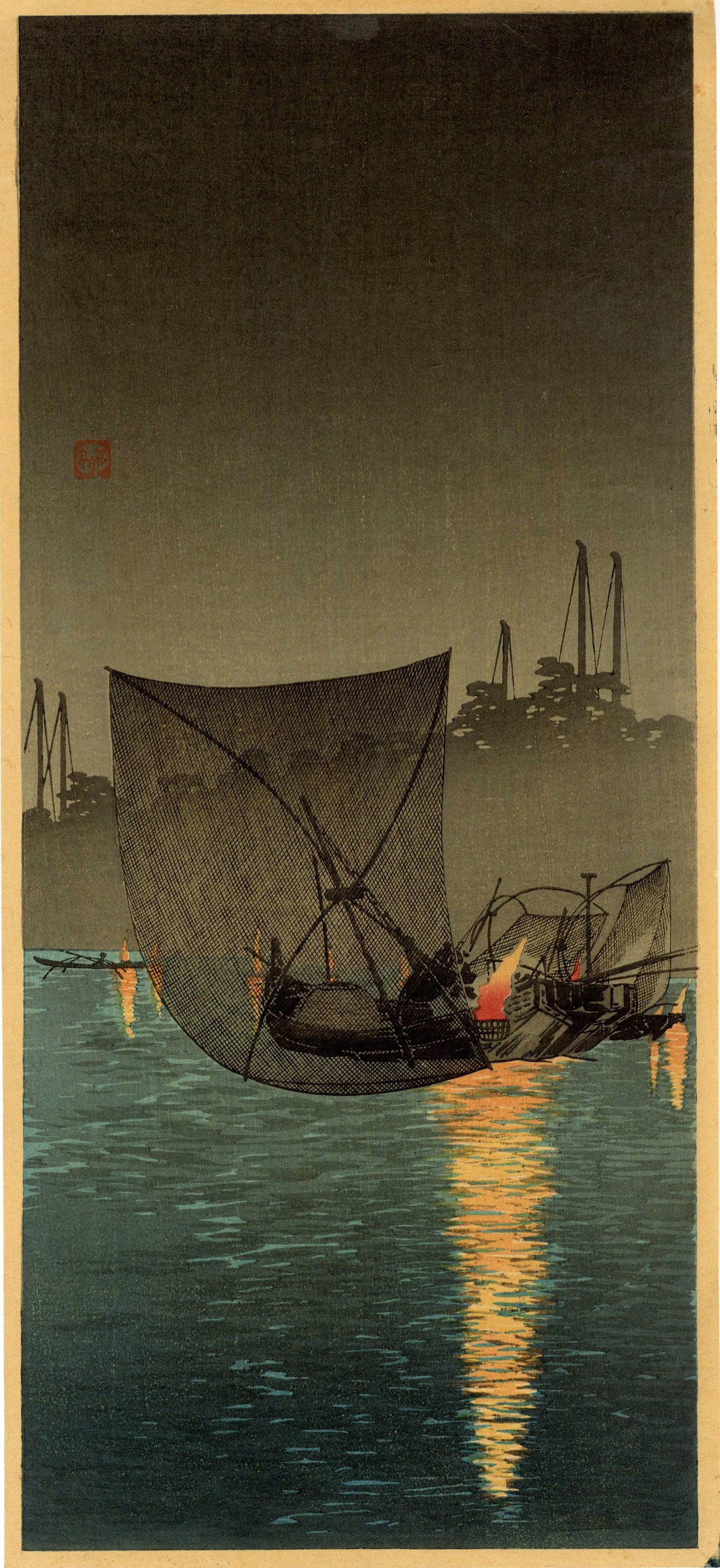 Shotei Takahashi: Net Fishing at Night 1932 Woodblock NR: Japanese Woodblock Print, 1932, published by Shozaburo Watanabe, listed as #215 in the 1936 Watanabe catalog SIZE IN INCHES: ohosoban, approx. 7 x 15.25 inches PROVENANCE: From th Robert O. Muller est