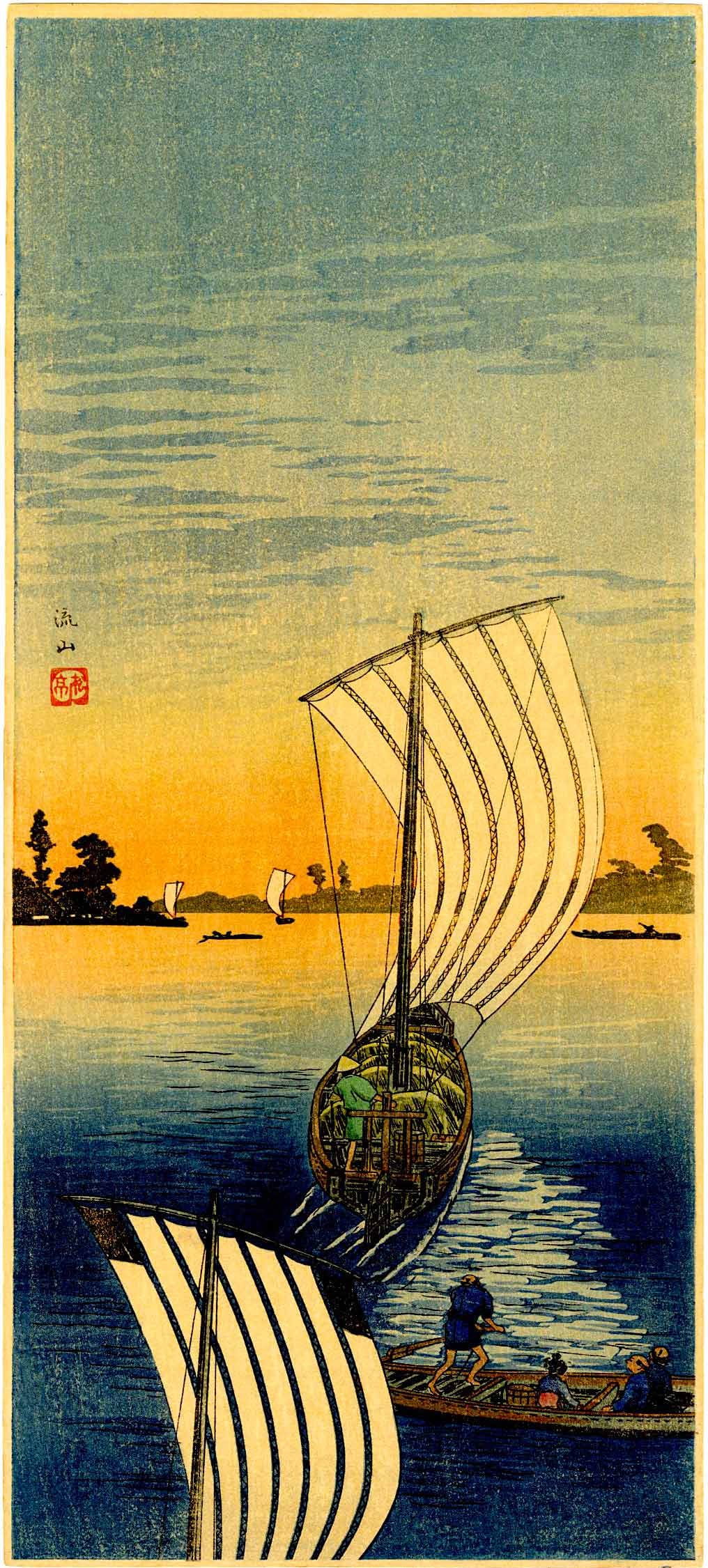 Shotei Takahashi: Nagareyama 1930 Woodblock NR: Japanese Woodblock Print, 1930, published by Shozaburo Watanabe, M-1 on Shotei.com SIZE IN INCHES: o-tanzaku, 6.5 x 15 inches COMMENTS: A rare Shotei composition. TAKAHASHI SHOTEI (1871-1945) was born