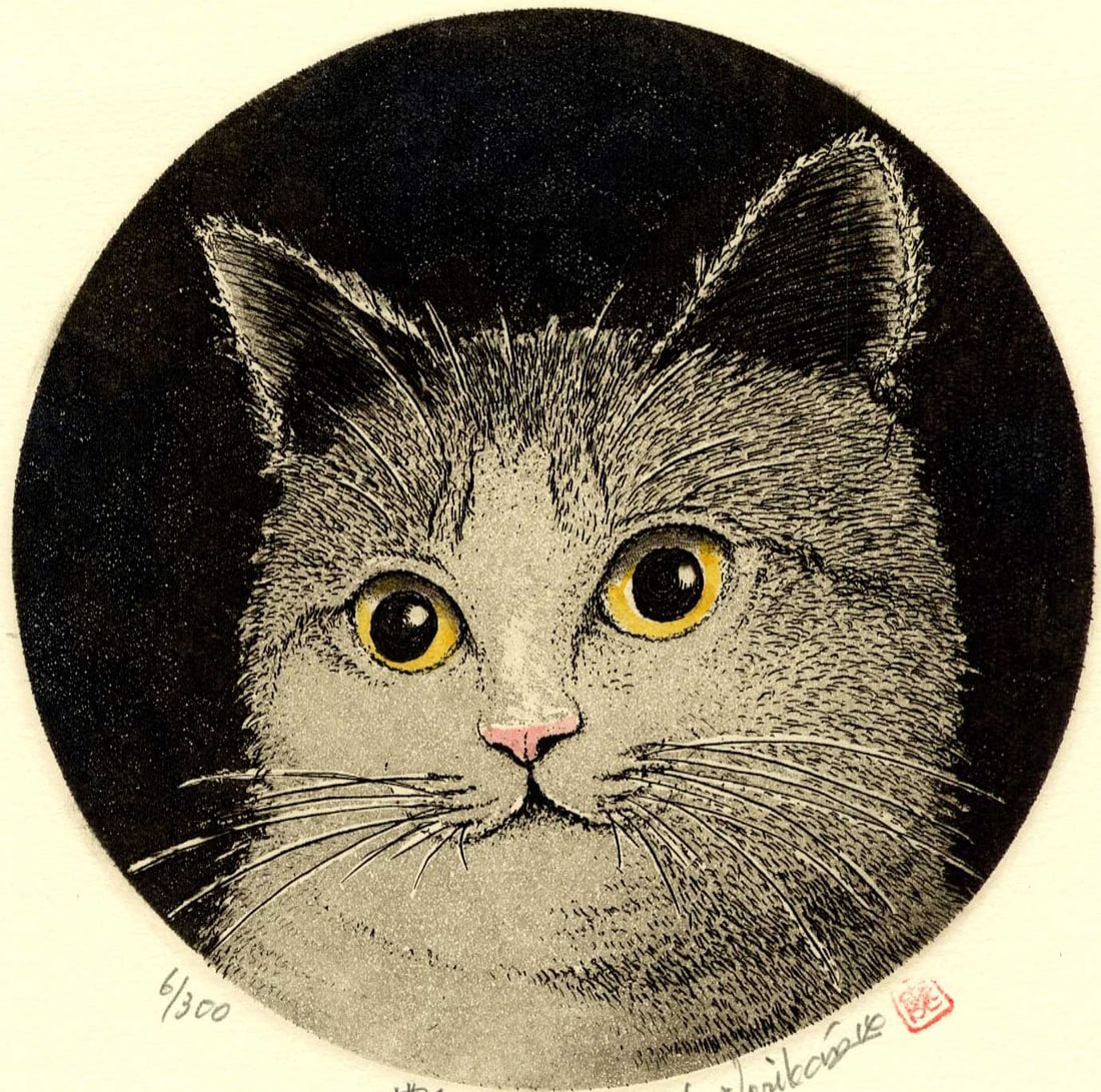 Norikane Hiroto: Yellow Eyed Cat 2003 Mezzotint NR: Japanese Mezzotint Print, 2003, first edition, pencil signed, titled, dated and numbered 6/300 in lower margin. SIZE IN INCHES: 10.25 x 10.25 inches COMMENTS: Mezzotint is among the most physically de