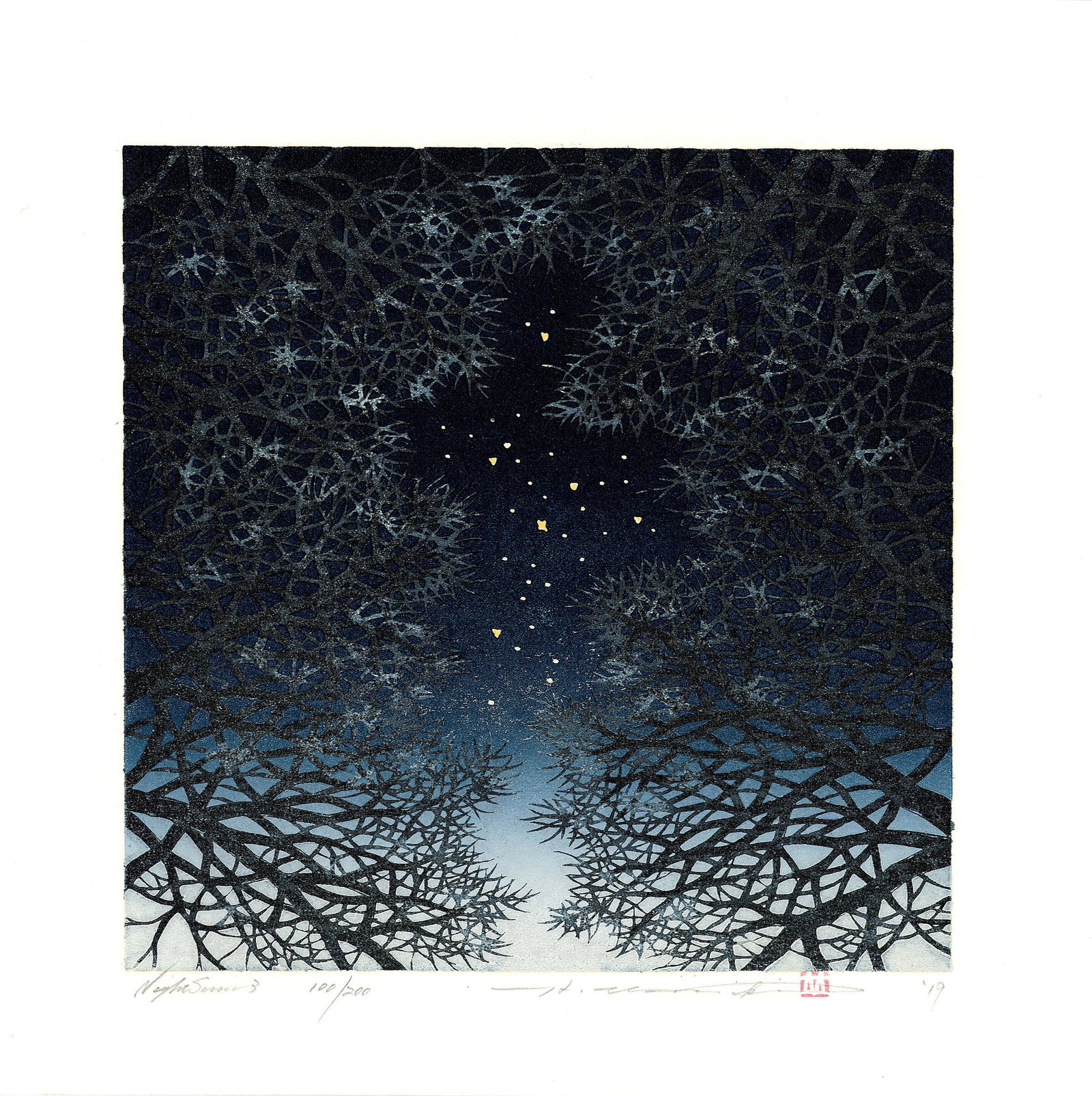 Namiki Hajime: Night Scene 3 2019 1st Ed. Woodblock: Japanese Woodblock Print, 2019, 1st edition, pencil titled, signed, dated and numbered 100/200 in the bottom margin, self published by Namiki Hajime SIZE IN INCHES: shikishi, 12 x 12 inches COMMENTS: 