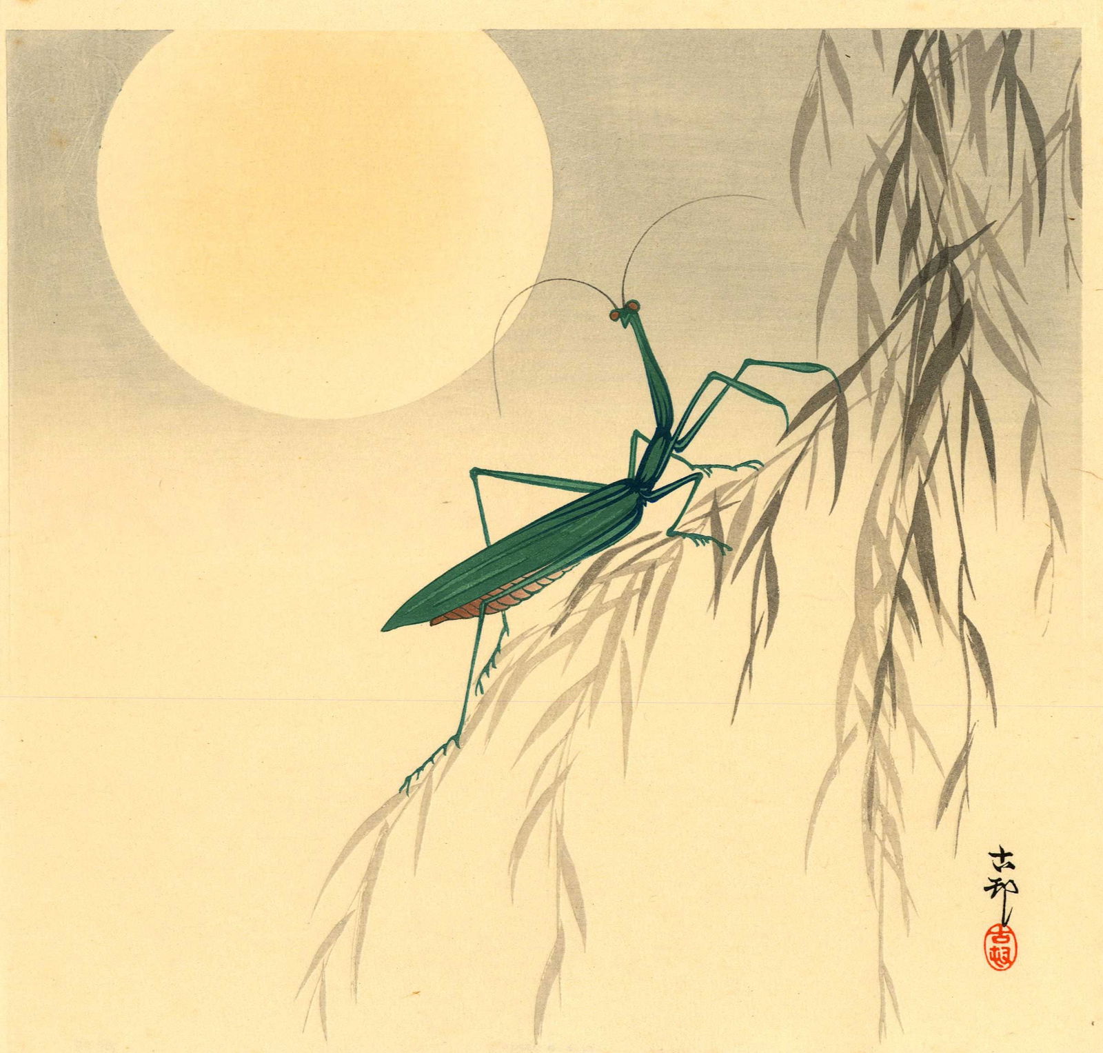 Koson Ohara: Praying Mantis Moon c1920s Woodblock NR (1 of 2)