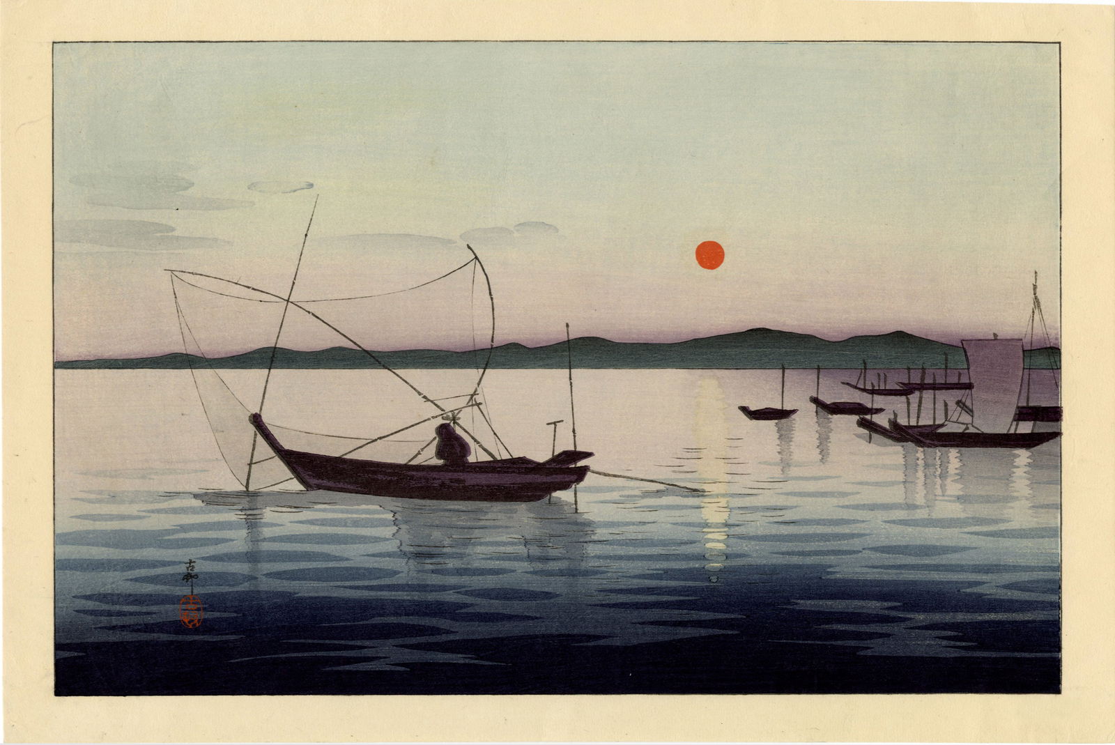 Koson Ohara: Fishing Boats at Sunset Woodblock (1 of 2)