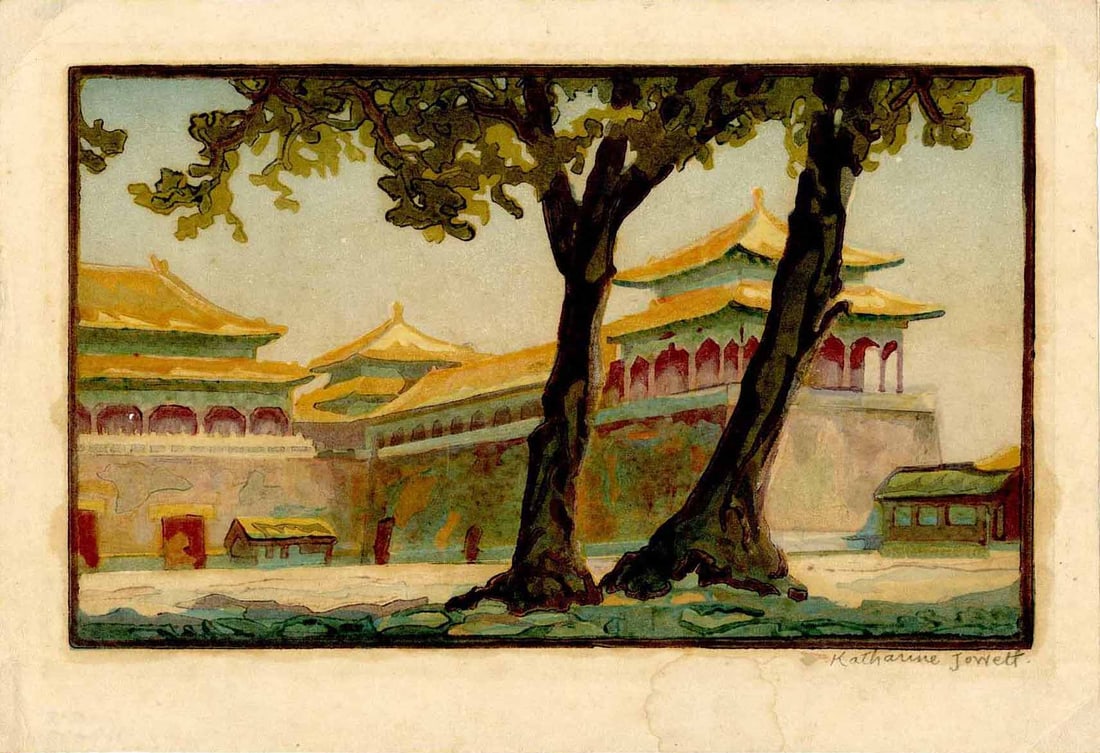 Katherine Jowett: In the Forbidden City 1930s RARE Woodblock NR: Japanese Woodblock Print, 1930s, self-published by Jowett SIZE IN INCHES: 11.5 x 7.75 inches KATHERINE JOWETT (1883-1972) was a British artist, best known for her cityscapes of Beijing in the early to