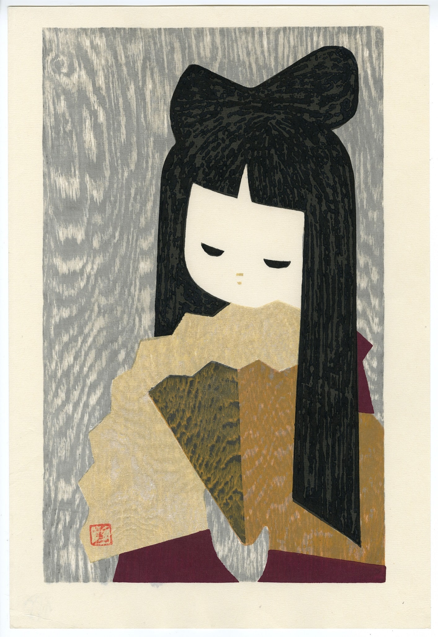 Kaoru Kawano - Girl with a Fan c.1960s Woodblock NR (1 of 2)