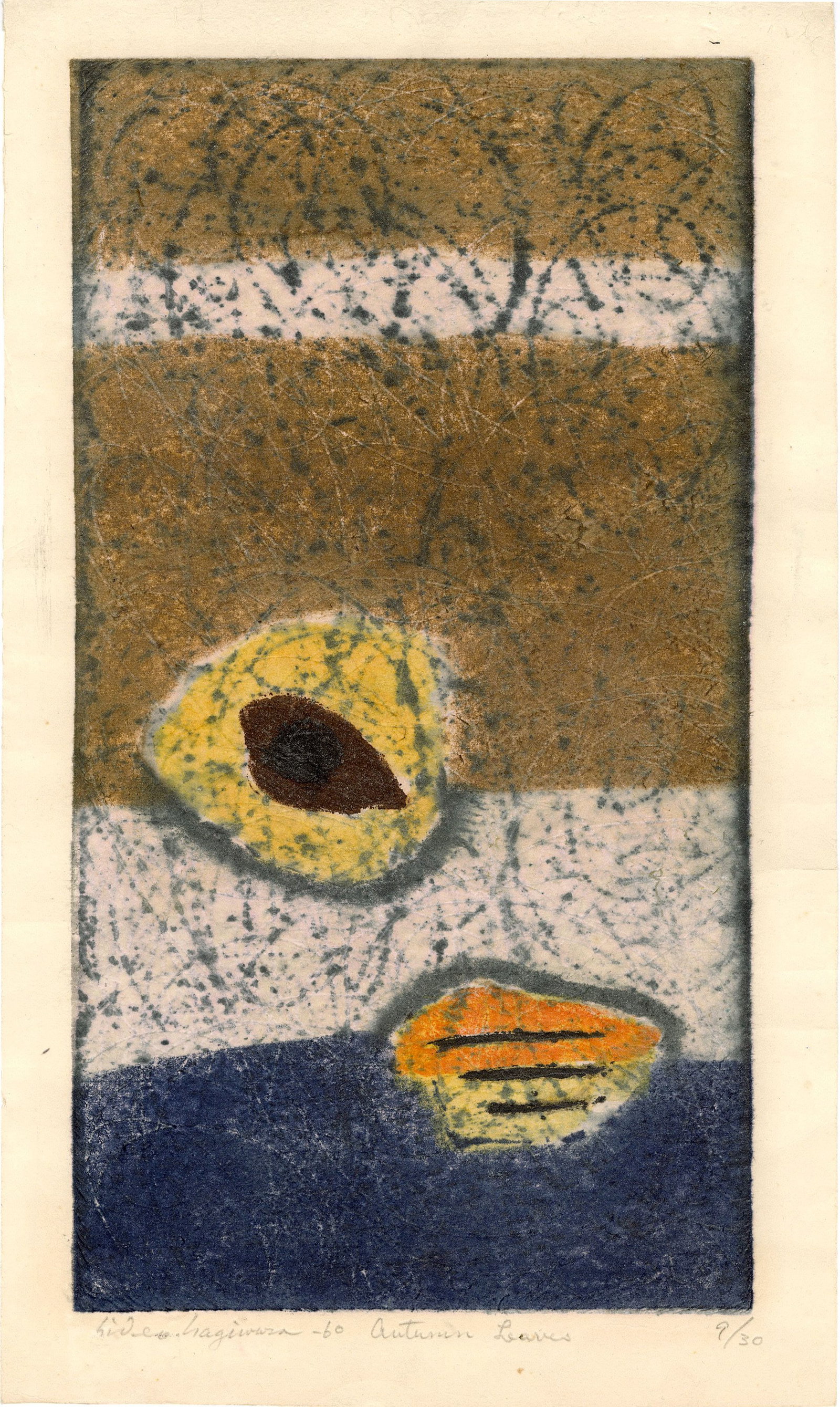Hideo Hagiwara: Autumn Leaves 1960 1st Ed Woodblock: Japanese Woodblock Print, 1960, 1st Edition, pencil signed, dated, titled and numbered 9/20 SIZE IN INCHES: 9 x 15.5 inches HIDEO HAGIWARA (1913-2007) was a Japanese artist who worked mainly with wood