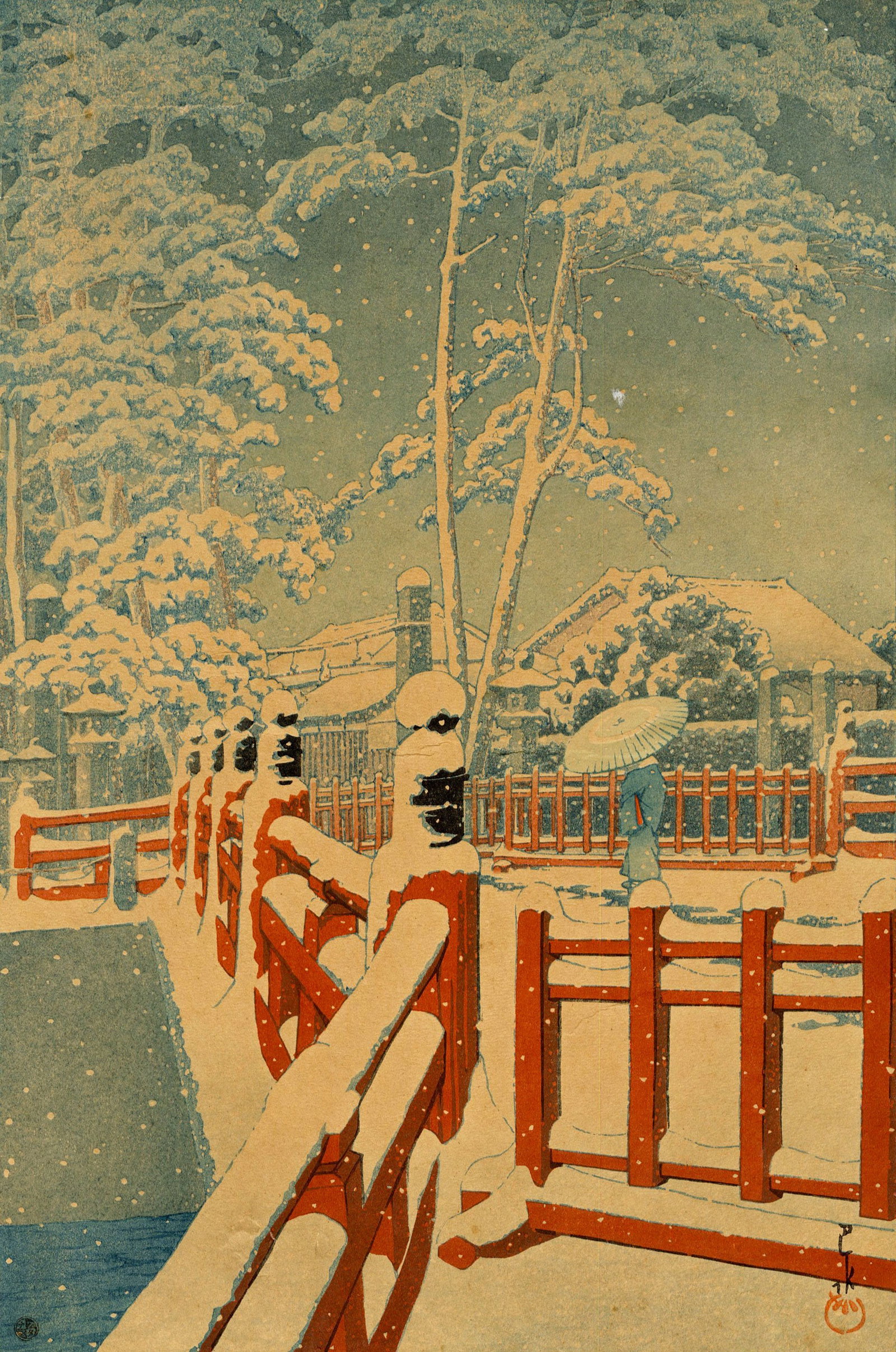 Hasui Kawase: Snow at Yagumo Bridge 1934 6mm Seal Woodblock NR: Japanese Woodblock Print, 1934, this later lifetime edition with Watanabe 6 mm seal (used 1946-1957), published by Shozaburo Watanabe SIZE IN INCHES: oban, 10.25 x 15.25 inches COMMENTS: Damaged print