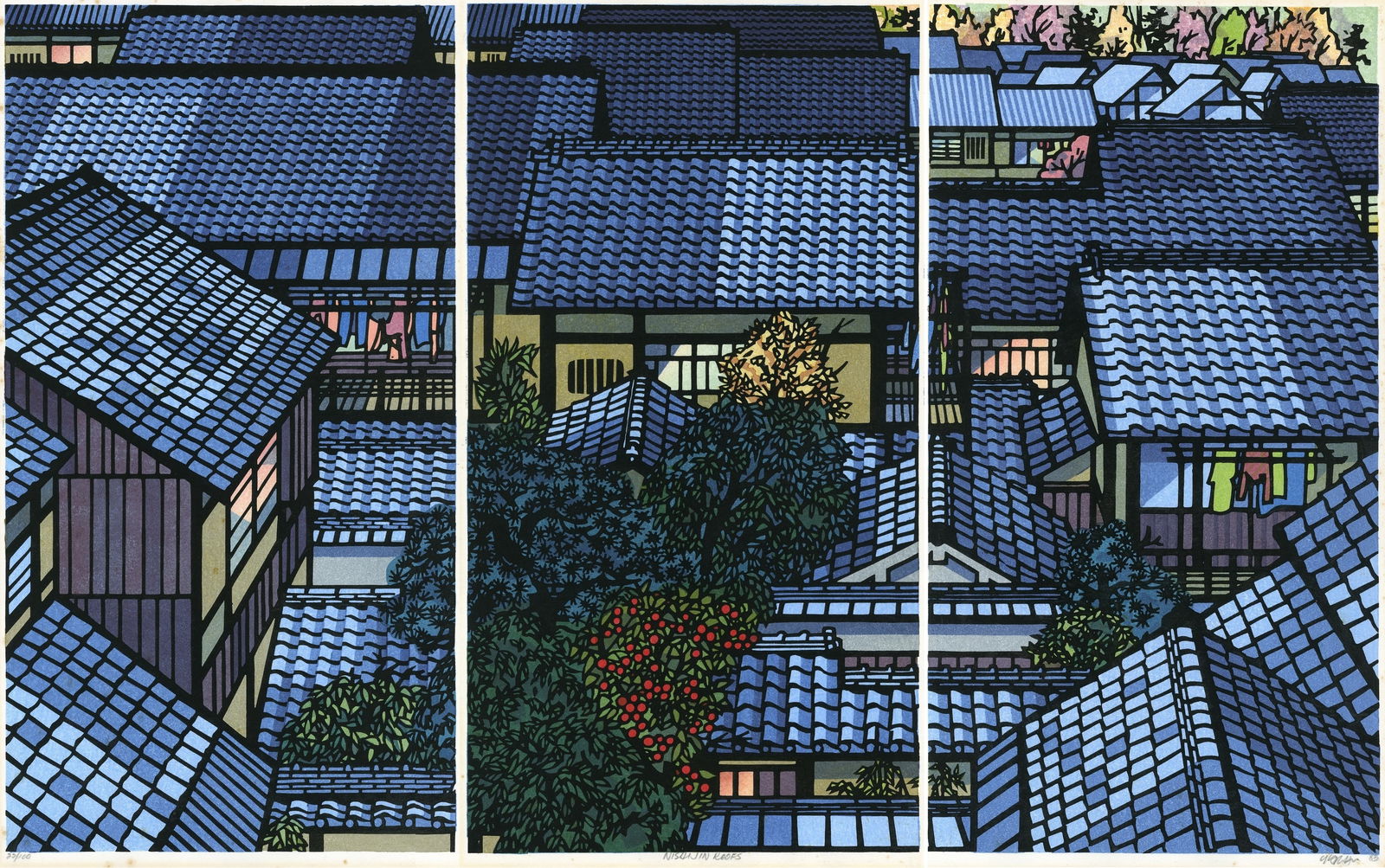 Clifton Karhu - Nishijin Roofs Triptych 1983 1st Ed Woodblock (1 of 5)