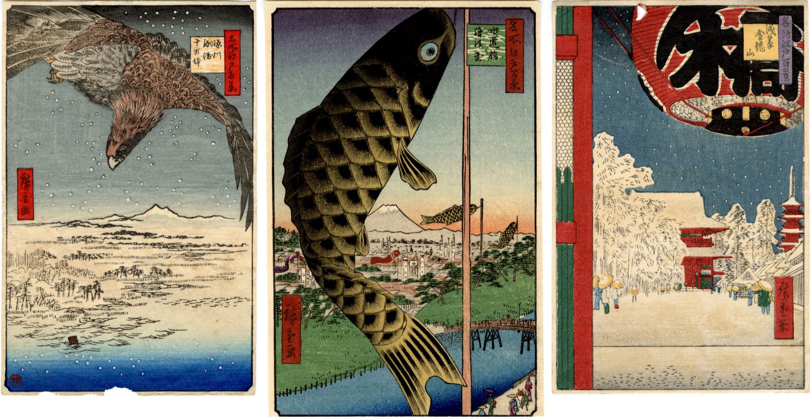 Hiroshige Ado: Three Prints: Japanese Woodblock Print, Showa Era SIZE IN INCHES: approximately 3.5 x 5.5 inches each HIROSHIGE UTAGAWA or Ando Hiroshige (1797-1858) was a Japanese artist during the 19th century and is considered