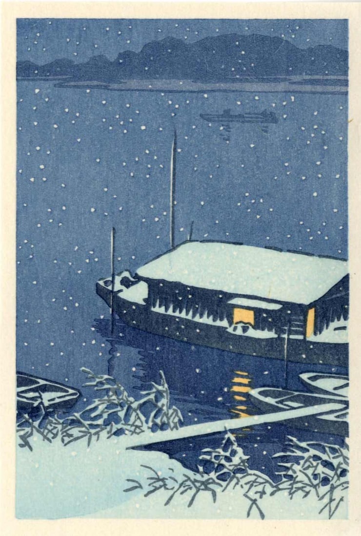 Hasui Kawase (after): Arakawa Houseboat Woodblock NR: Japanese Woodblock Print, from recarved woodblocks SIZE IN INCHES: 4.5 x 6.6