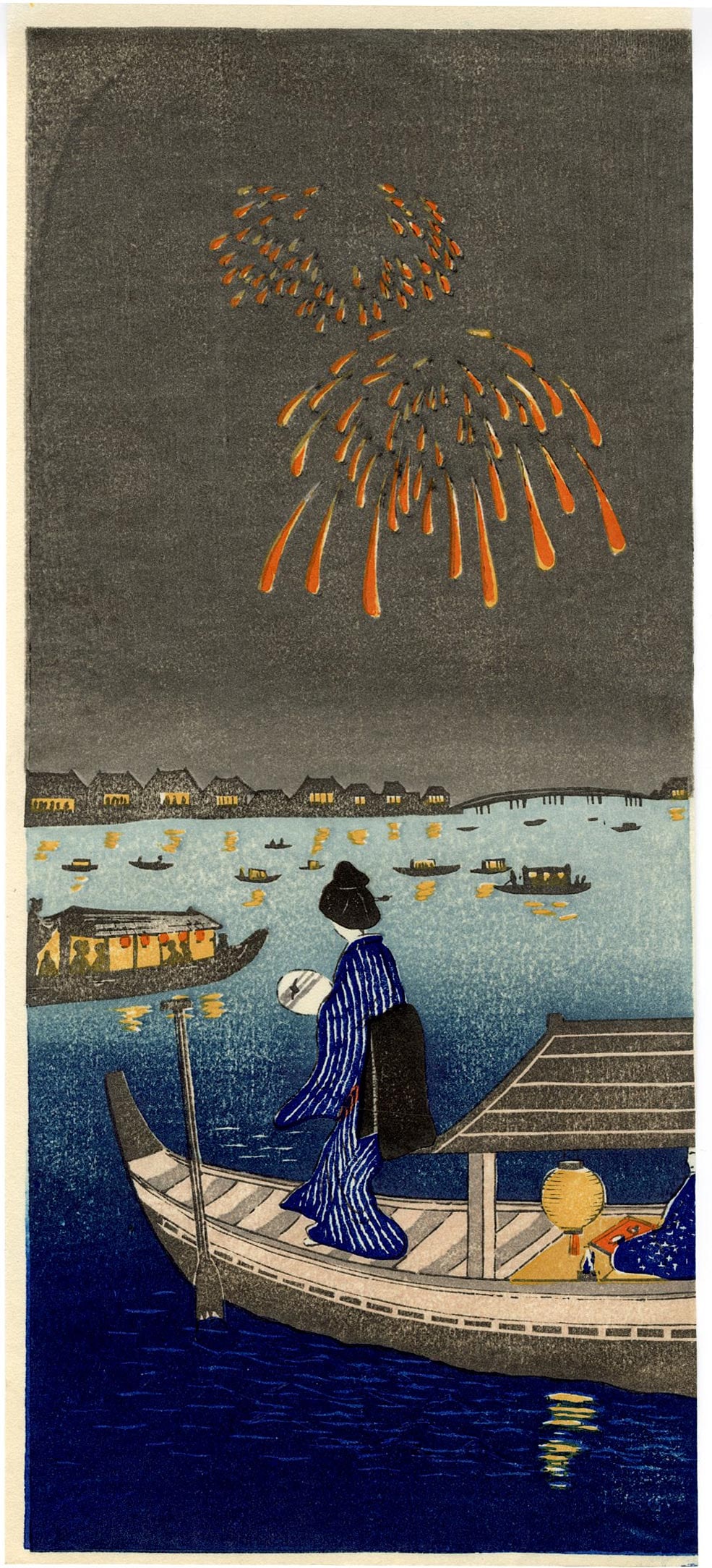 Hiroshige Ando: Fireworks Sumida River Woodblock NR: Japanese Woodblock Print, Showa Era printing SIZE IN INCHES: 6.25 x 14.5 inches HIROSHIGE UTAGAWA or Ando Hiroshige (1797-1858) was a Japanese artist during the 19th century and is considered the last