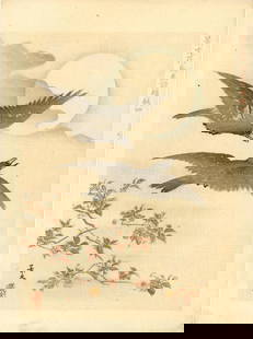 Keibun Matsumura: Crows and Cherry Blossoms 1894 Woodblock NR: Japanese Woodblock print, 1894, published by Aoki Suzando, from the series Keibun's Birds and Flowers SIZE IN INCHES: chuban, 8 x 10.5 inches MATSUMURA KEIBUN (1779-1843) was a leading figure in the S