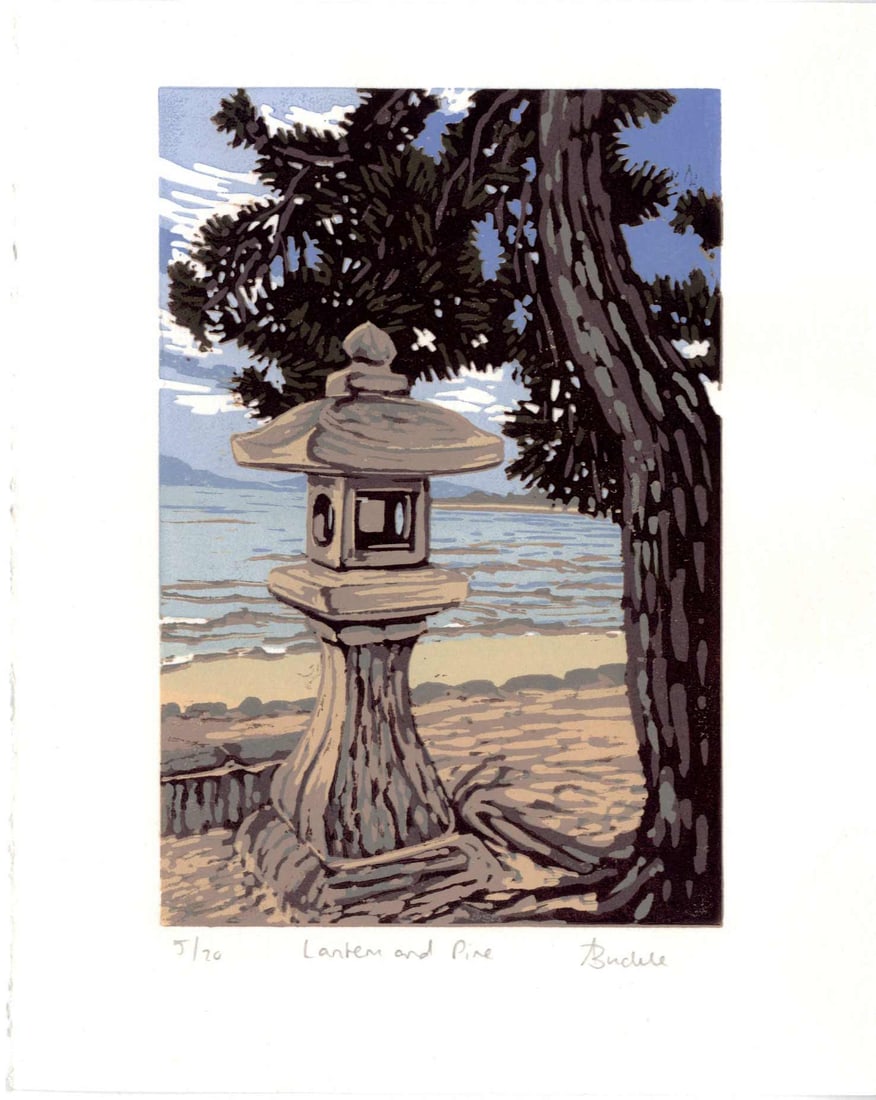 Alexandra Buckle: Lantern and Pine 101 1st Ed Linocut NR: Linocut, 2022, 1st Edition self-published, penci signed, titled and numbered 5/20 in the bottom margin SIZE IN INCHES: 6 x 7.6 inches COMMENTS: A reduction linocut of a stone lantern standing next to 