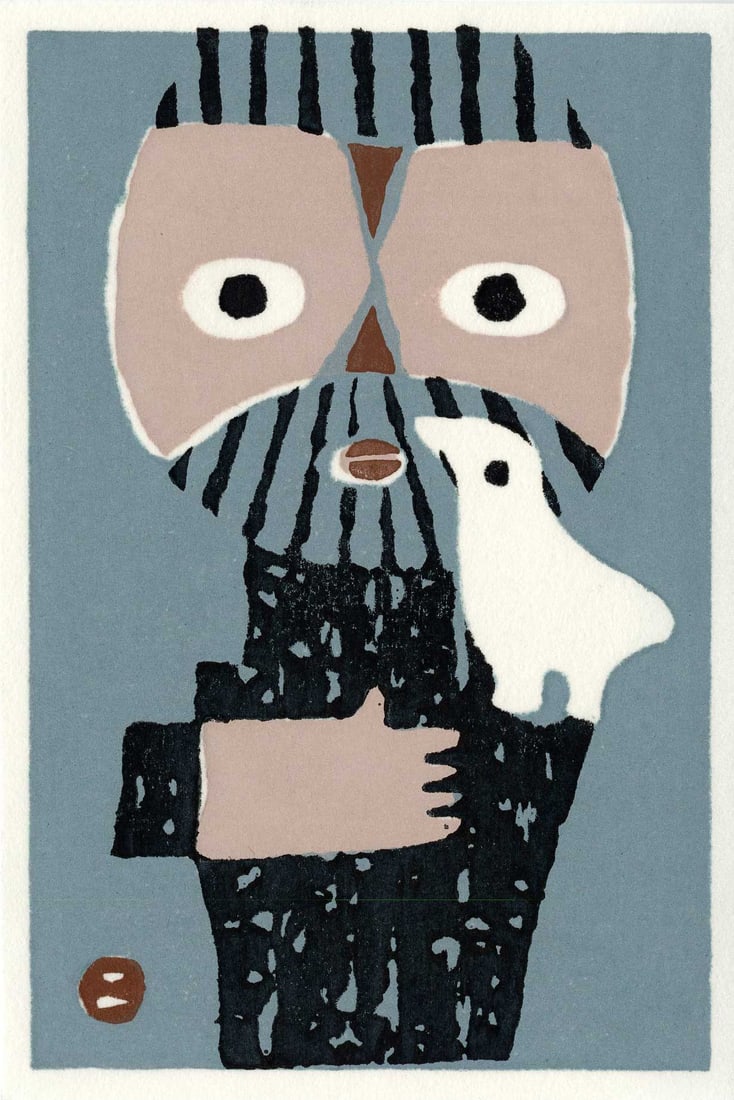 Azechi Umetaro: Mountain Man Holding a Bird Woodblock (1 of 2)
