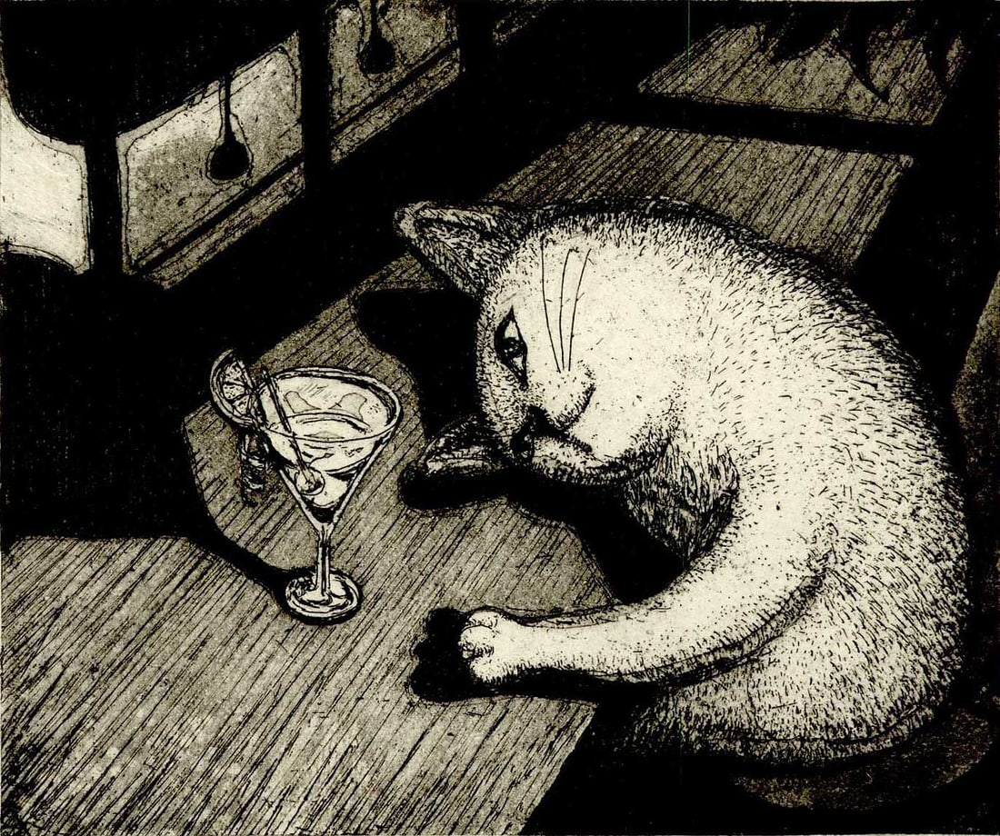 Chieko Terasawa: Love Sickness 2023 1st Ed Copperplate: Copperplate Print, 2023, pencil signed, titled and numbered 64/80, self-published by the artist SIZE IN INCHES: 9.5 x 7.25 inches (paper size) COMMENTS: A love-sick cat ponder's her martini.