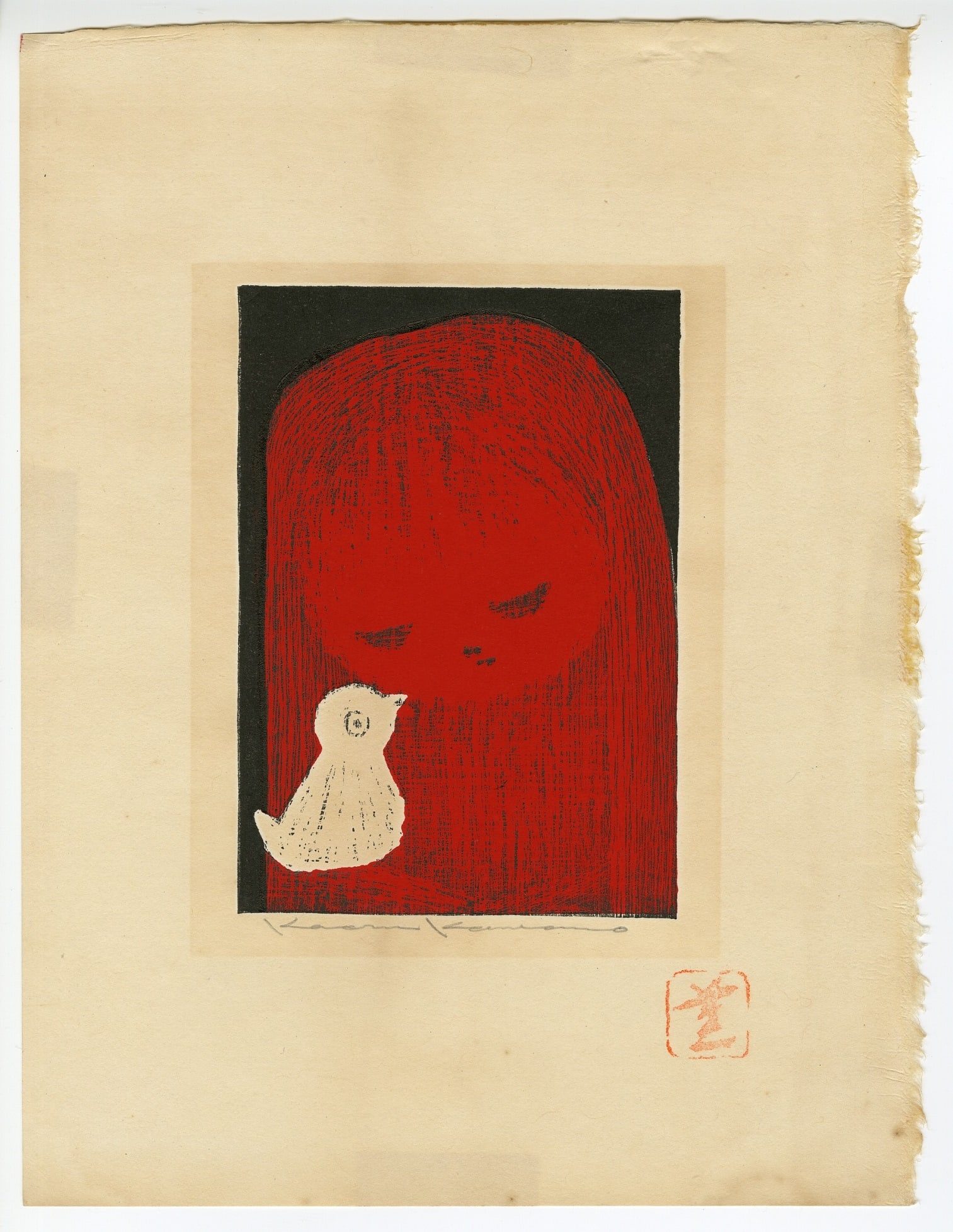 Kaoru Kawano - Girl & Little Bird Woodblock NR (1 of 2)