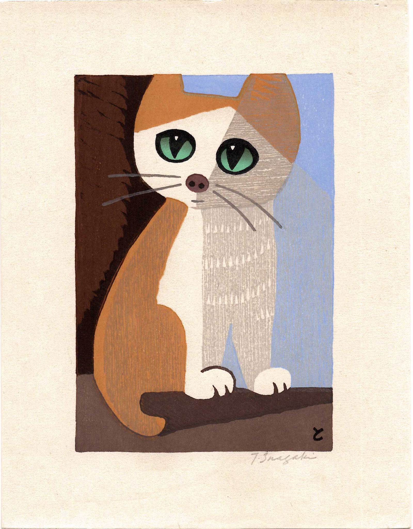 Tomoo Inagaki: Cat with Blue Eyes 1970s Woodblock (1 of 2)
