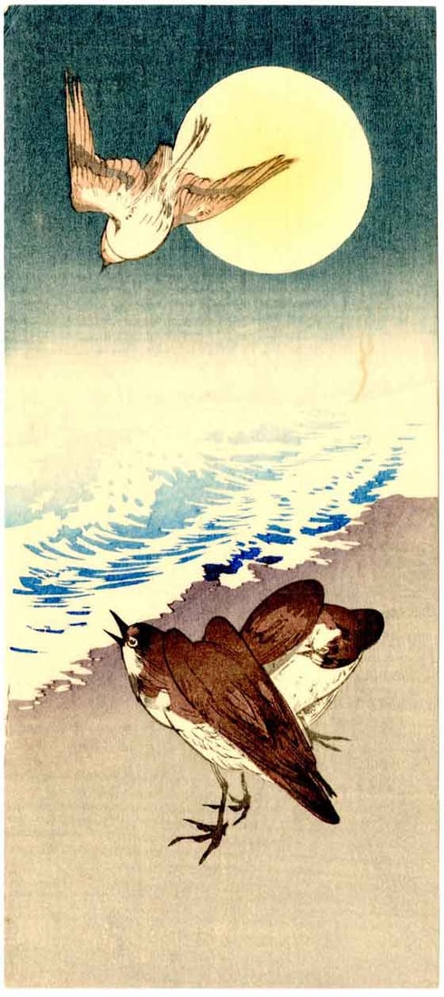 Yoshimoto Gesso: Terns & Full Moon Woodblock: Japanese Woodblock Print, 1920s, published by Nishinomiya, from a series of bird prints done with Gyosai Kawanabe SIZE IN INCHES: mitsugiri 3.75 x 8 inches PROVENANCE: From the Robert O. Muller estate