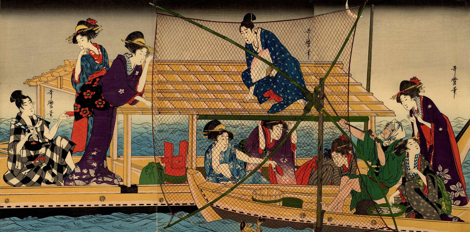 Utamaro Kitagawa: The Scoop Net Triptych 1800 Woodblock NR (1 of 5)