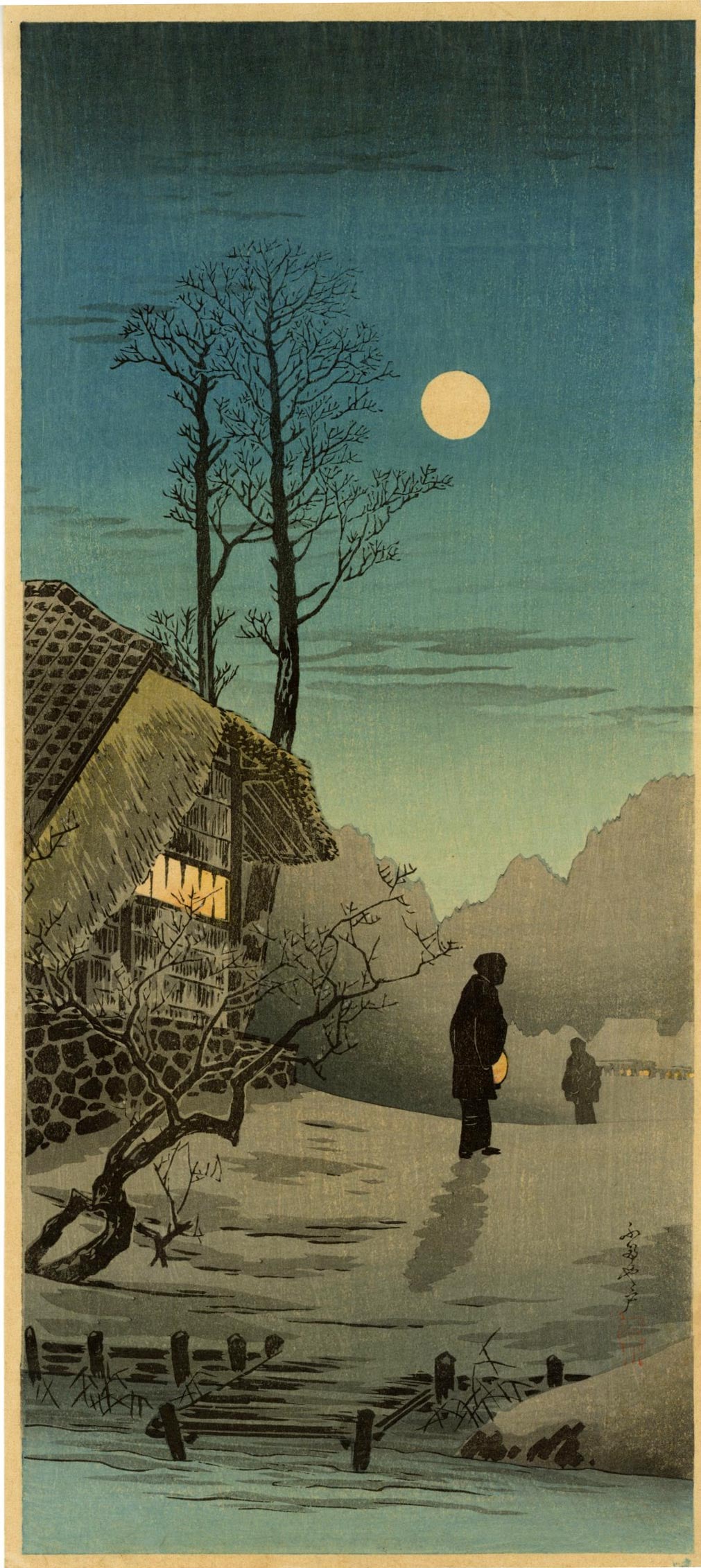 Shotei Takahashi: Moon at Old Country House 1936 Woodblock NR: Japanese Woodblock Print, pre-1936, published by Shozaburo Watanabe SIZE IN INCHES: 6.5 x 15 inches PROVENANCE: From th Robert O. Muller estate TAKAHASHI SHOTEI (1871-1945) was born in Tokyo with the 