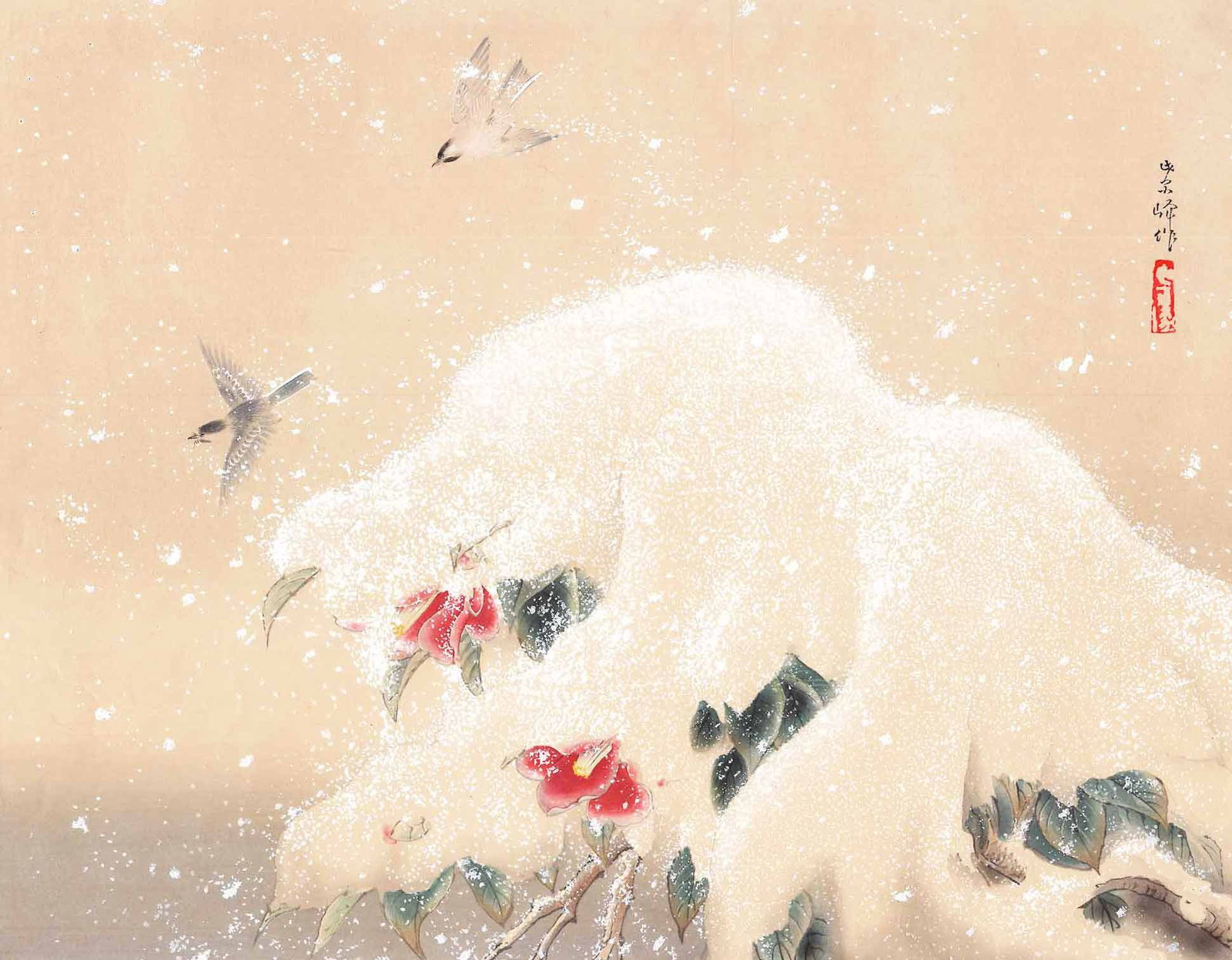 Sakakibara Shiho: Camillias and Tits in Snow 1960 Woodblock: Japanese Woodblock Print, 1960 carved by Akiho Kagetsusen, and published by Matsubara Higashinotoin, Shimokyo-ku, Kyoto, numbered 89/200 SIZE IN INCHES: 24.5 x 20.5 inches COMMENTS: SAKAKIBARA SHIHO (
