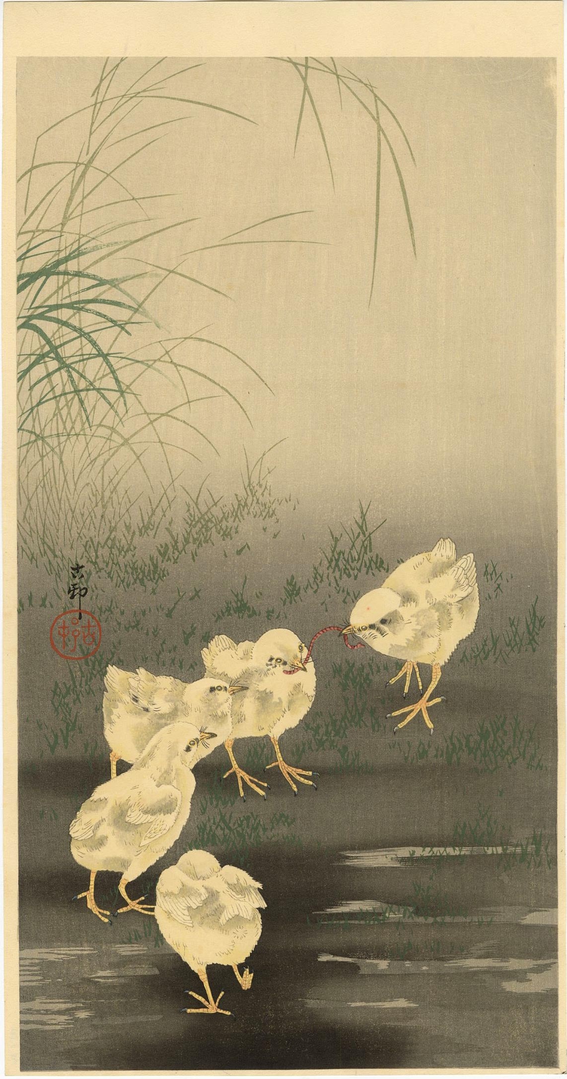 Ohara Koson: Chicks Fighting for Worm 1920s Woodblock NR: Japanese Woodblock Print, 1920s, published by Daikokuya SIZE IN INCHES: ohosoban, 7.5 x 14.5 inches PROVENANCE: From the Robert O. Muller estate OHARA KOSON (1877-1945), who also went by the art names