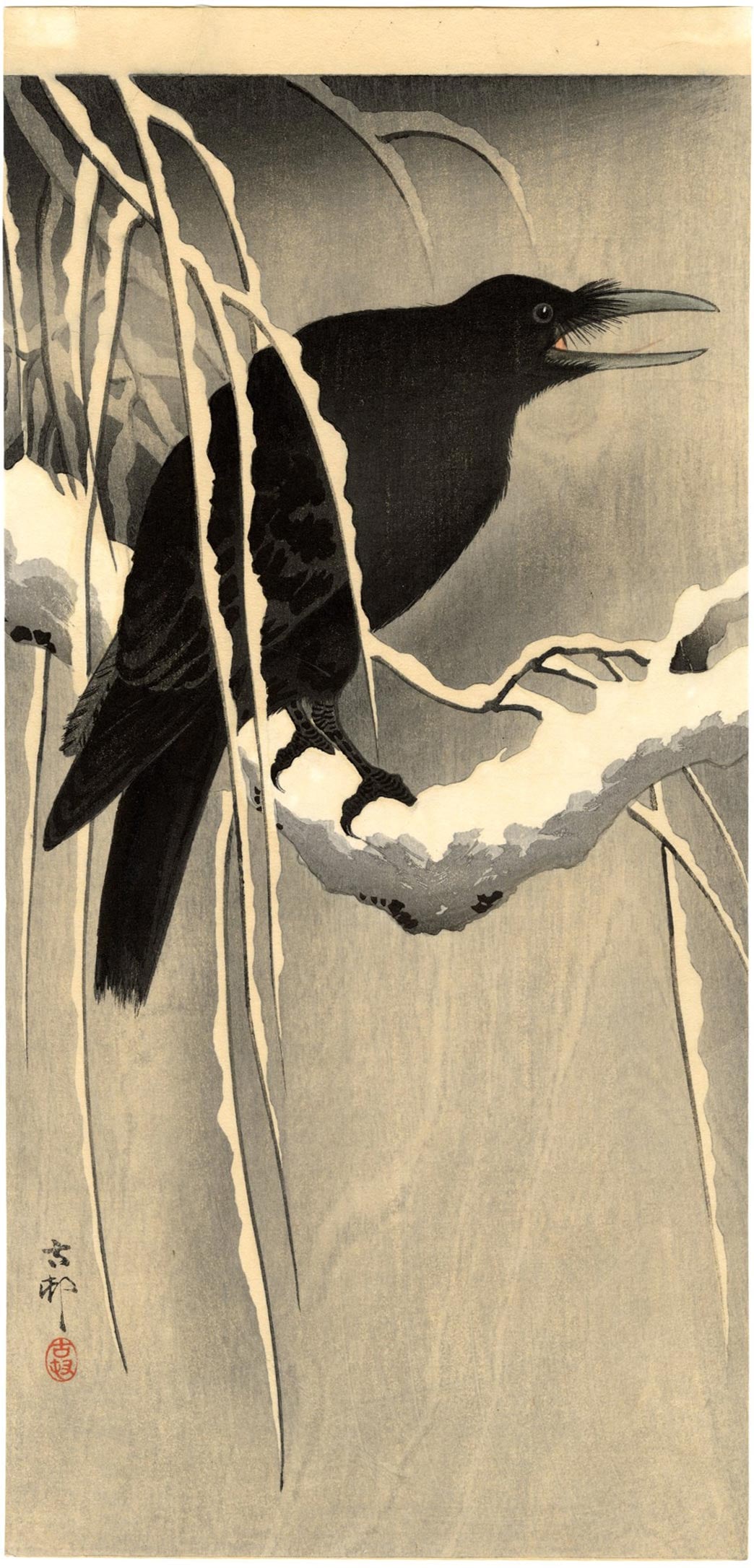 Koson Ohara: Crow on a Snowy Branch 1910 Woodblock (1 of 2)