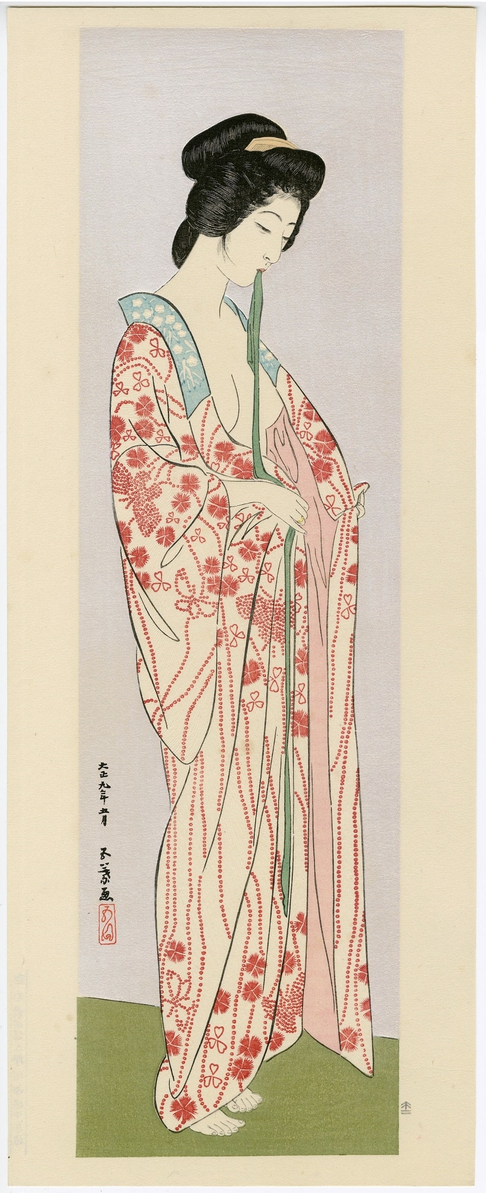Hashiguchi Goyo - Long Undergarment 1920 Woodblock NR: Japanese Woodblock Print, 1920, this is a later edition sanctioned by Goyo's heirs and published by Yuyudo using the same exacting standards of Goyo's original. Full title is "Japanese Woman Long Unde