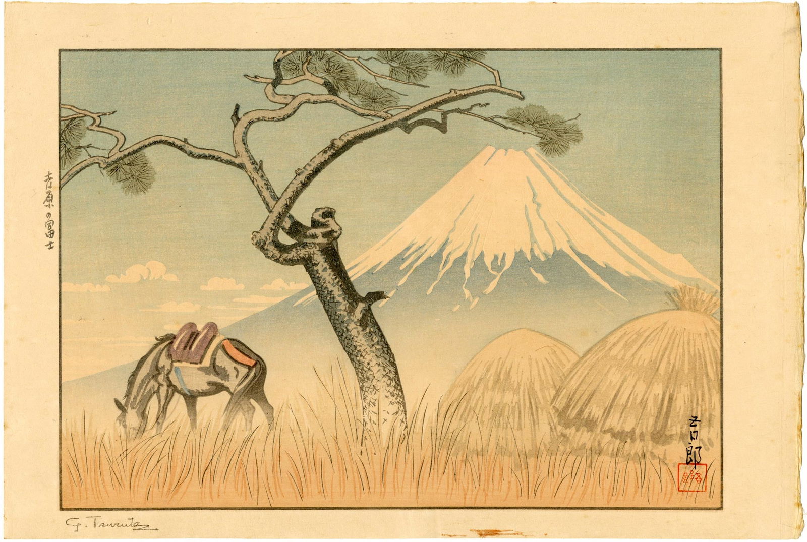 Goro Tsuruta: Mt Fuji from Yoshiwara 1936 Woodblock NR (1 of 2)