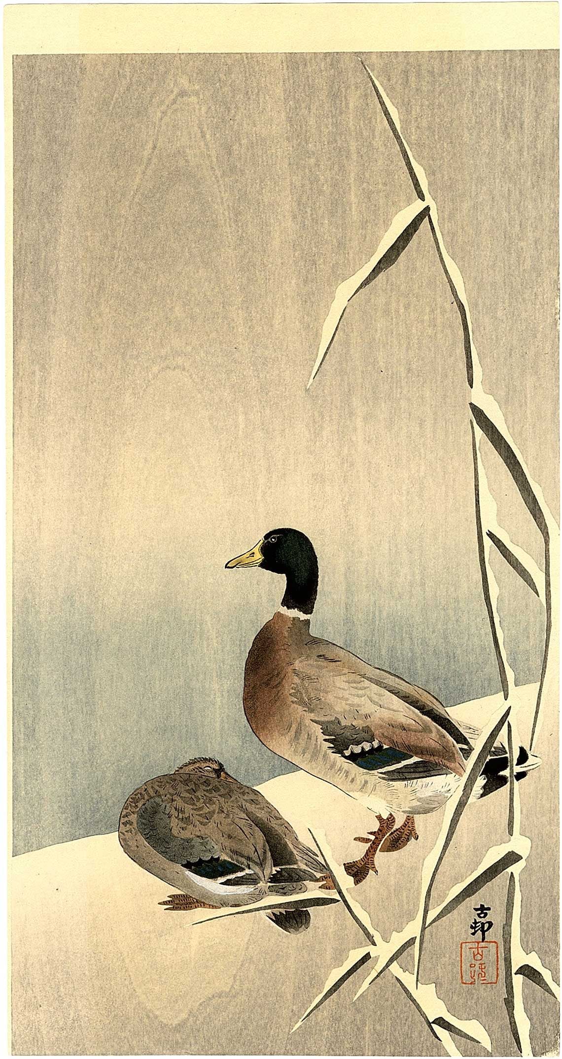 Ohara Koson -- Mallards in Snow c.1910 Woodblock RARE NR (1 of 2)