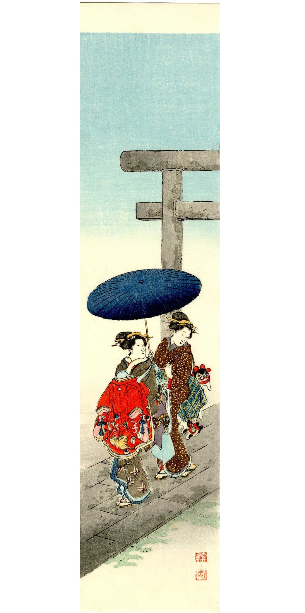 Koho Shoda: Women Visiting a Shrine 1920s Woodblock: Japanese Woodblock Print, 1930s, published by Nishinomiya SIZE IN INCHES: tanzaku, 3.125 x 13.375 PROVENANCE: From the Robert O. Muller estate. SHODA KOHO (1871-1946) was a Japanese woodblock print ar